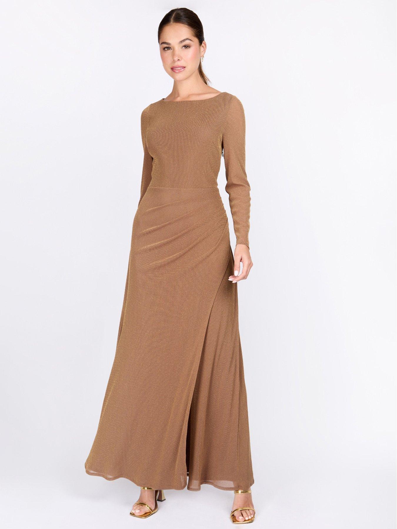 Little Mistress Taupe Lurex Long Sleeve Maxi Dress - Beige