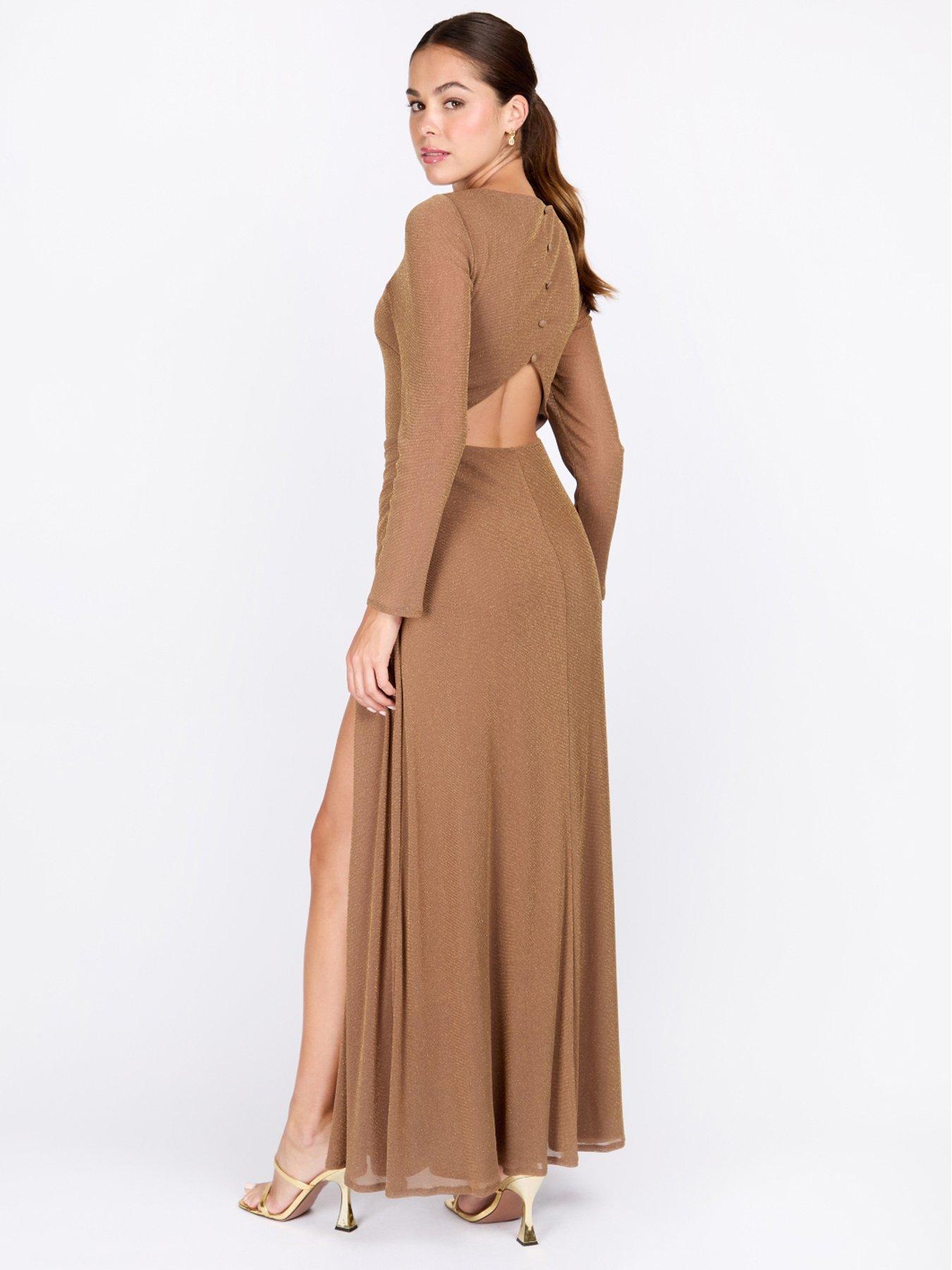  image of little-mistress-taupe-lurex-long-sleeve-maxi-dress-beige