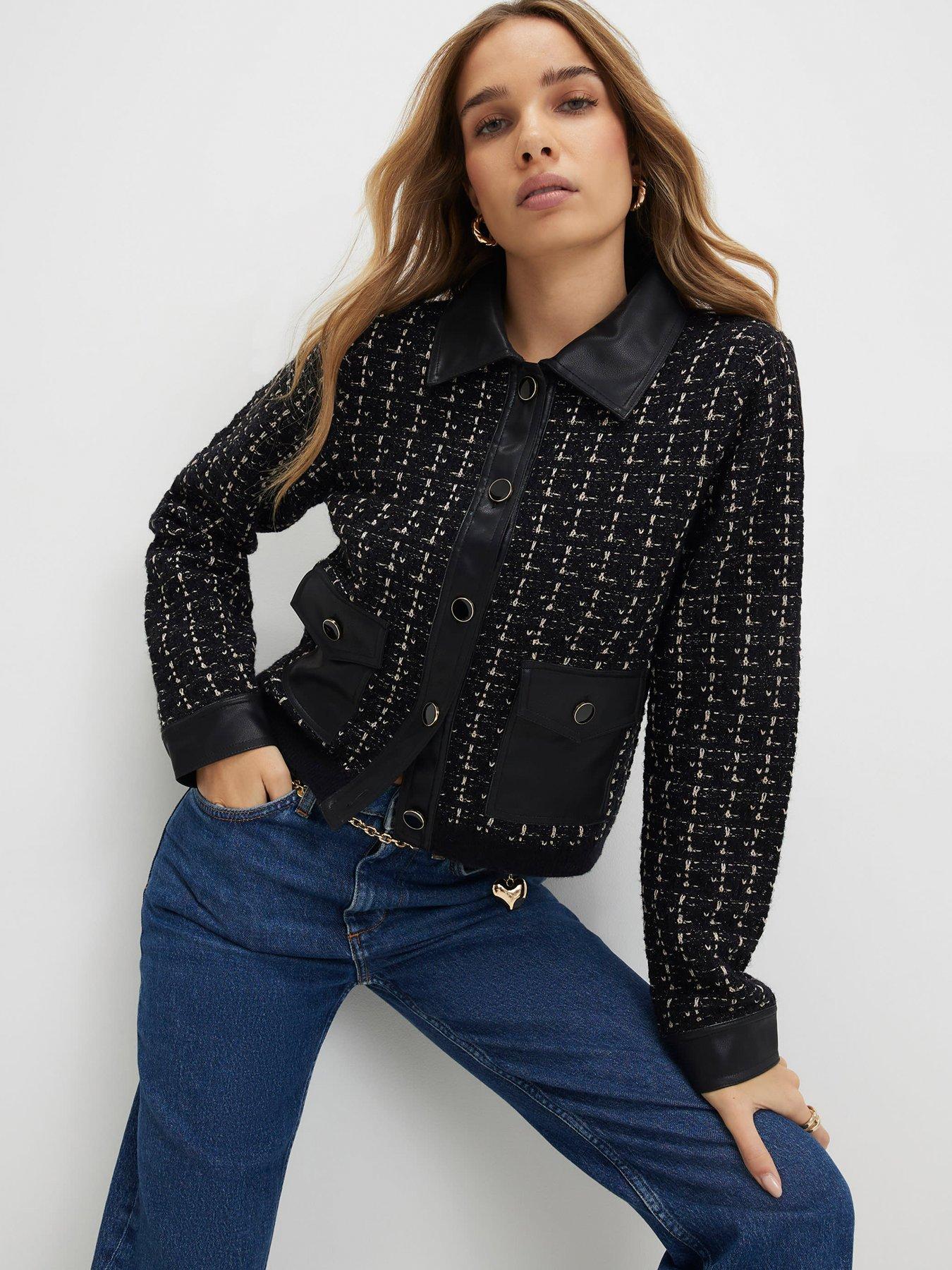 River Island Boucle Cardigan With Faux Leather Trim - Black