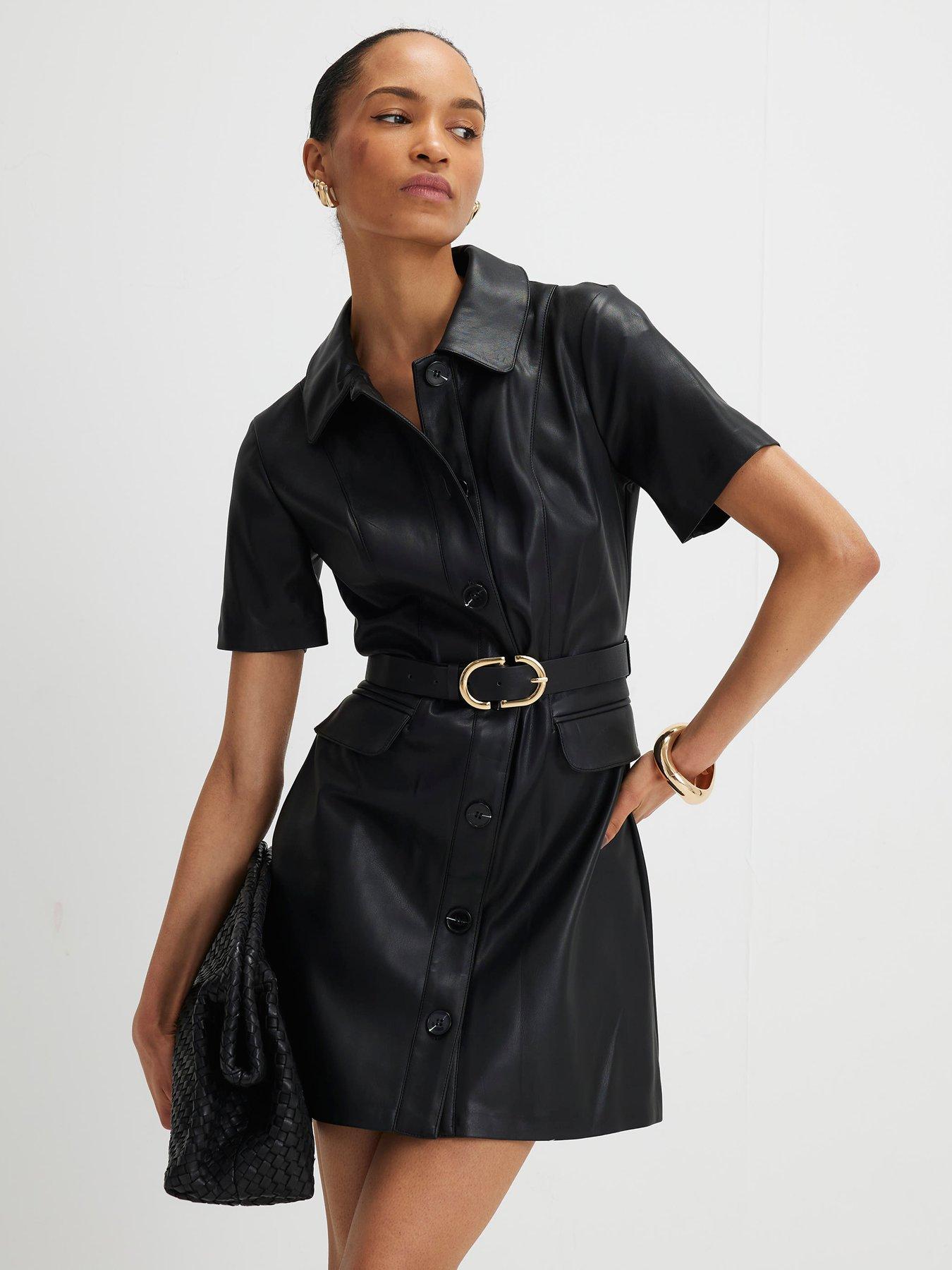 Image 3 of 6 of River Island Faux Leather Belted Shirt Dress - Black