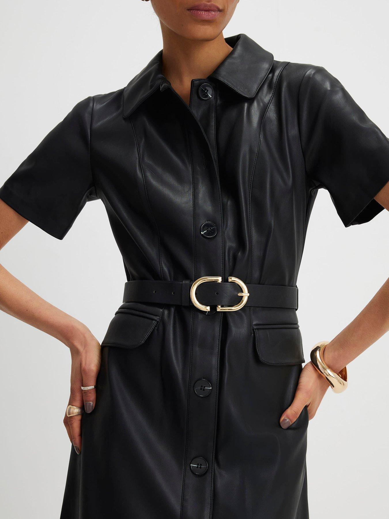 Image 4 of 6 of River Island Faux Leather Belted Shirt Dress - Black