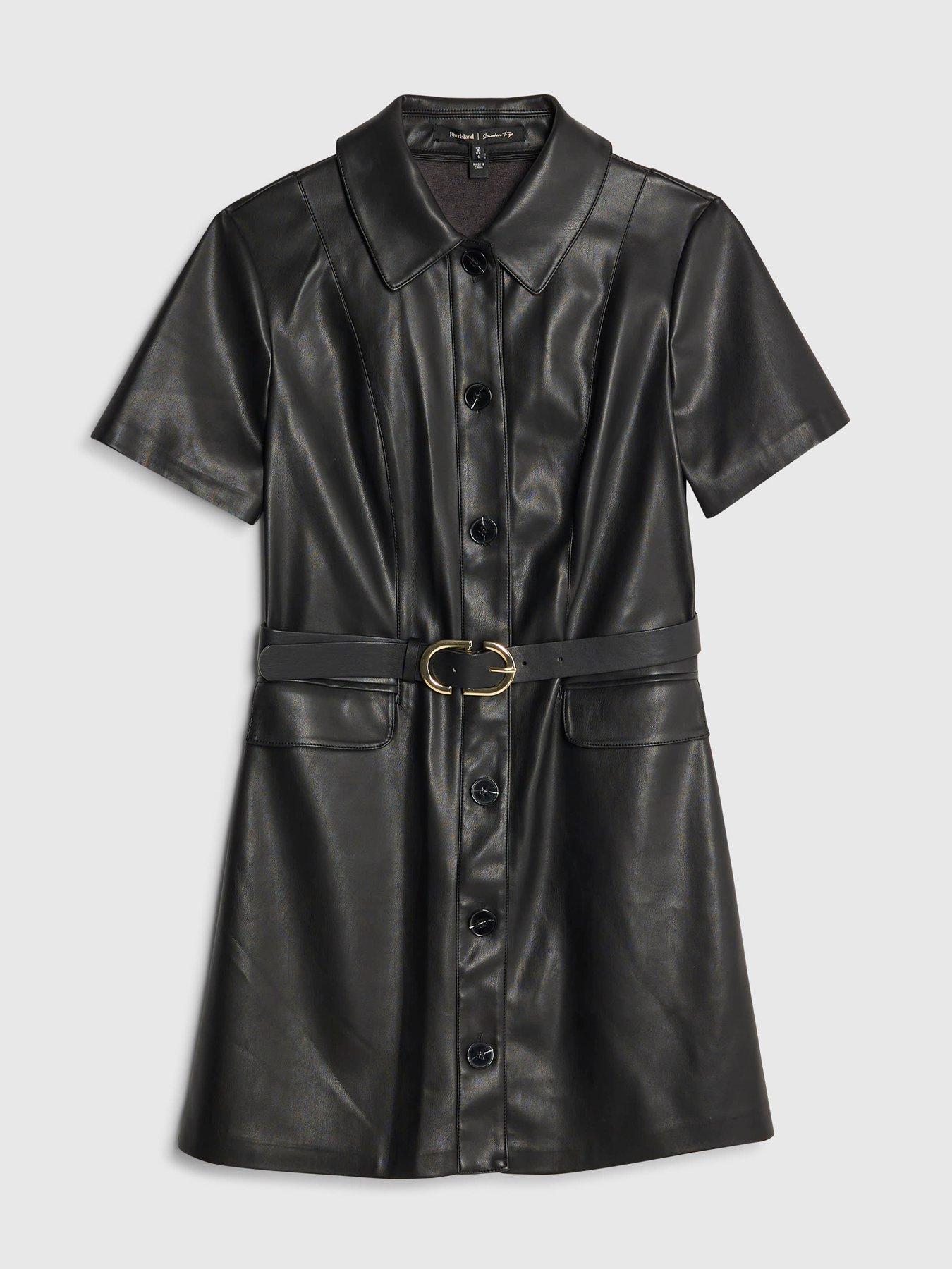 Image 5 of 6 of River Island Faux Leather Belted Shirt Dress - Black