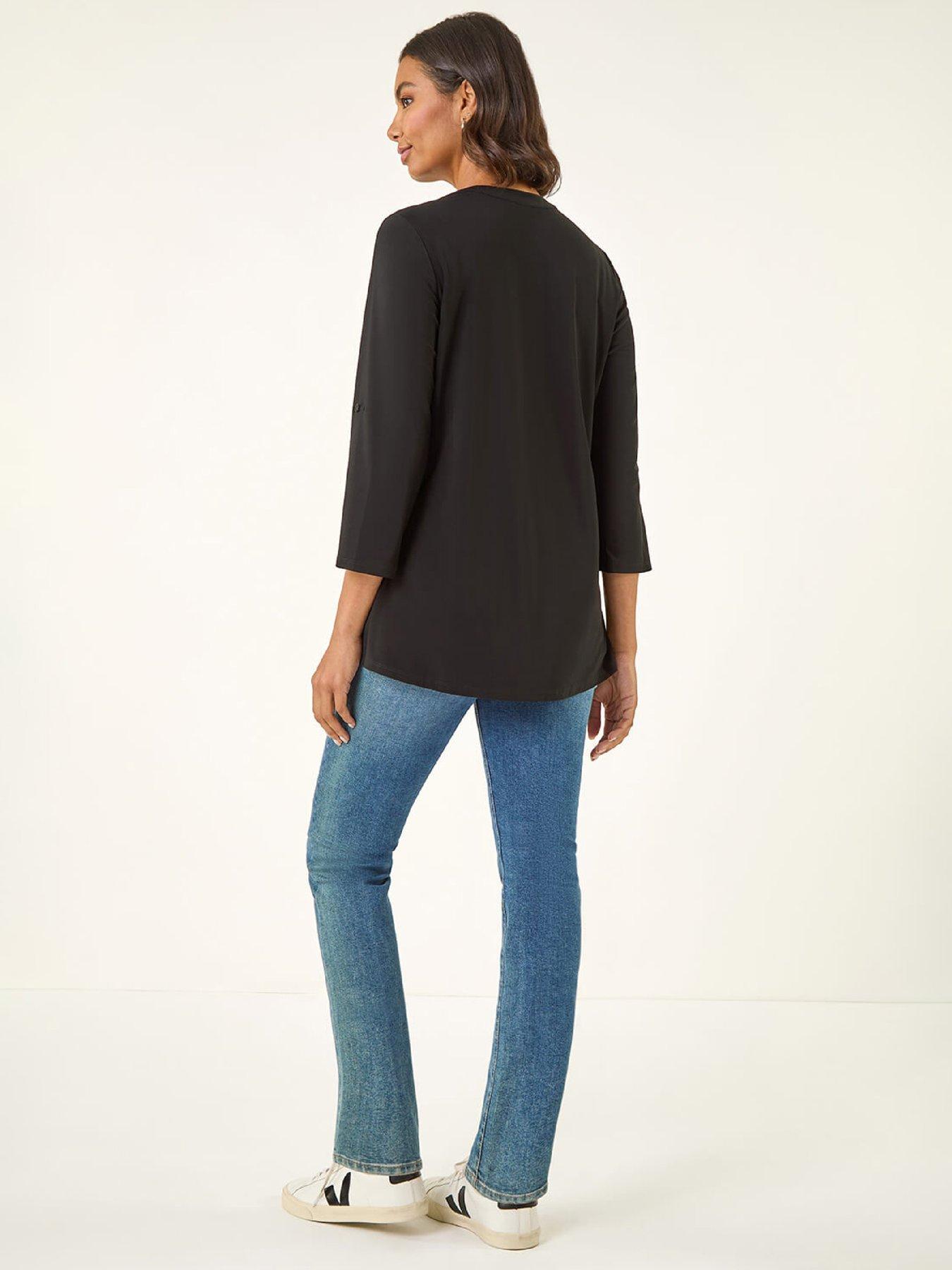 image of roman-pintuck-button-stretch-top-black