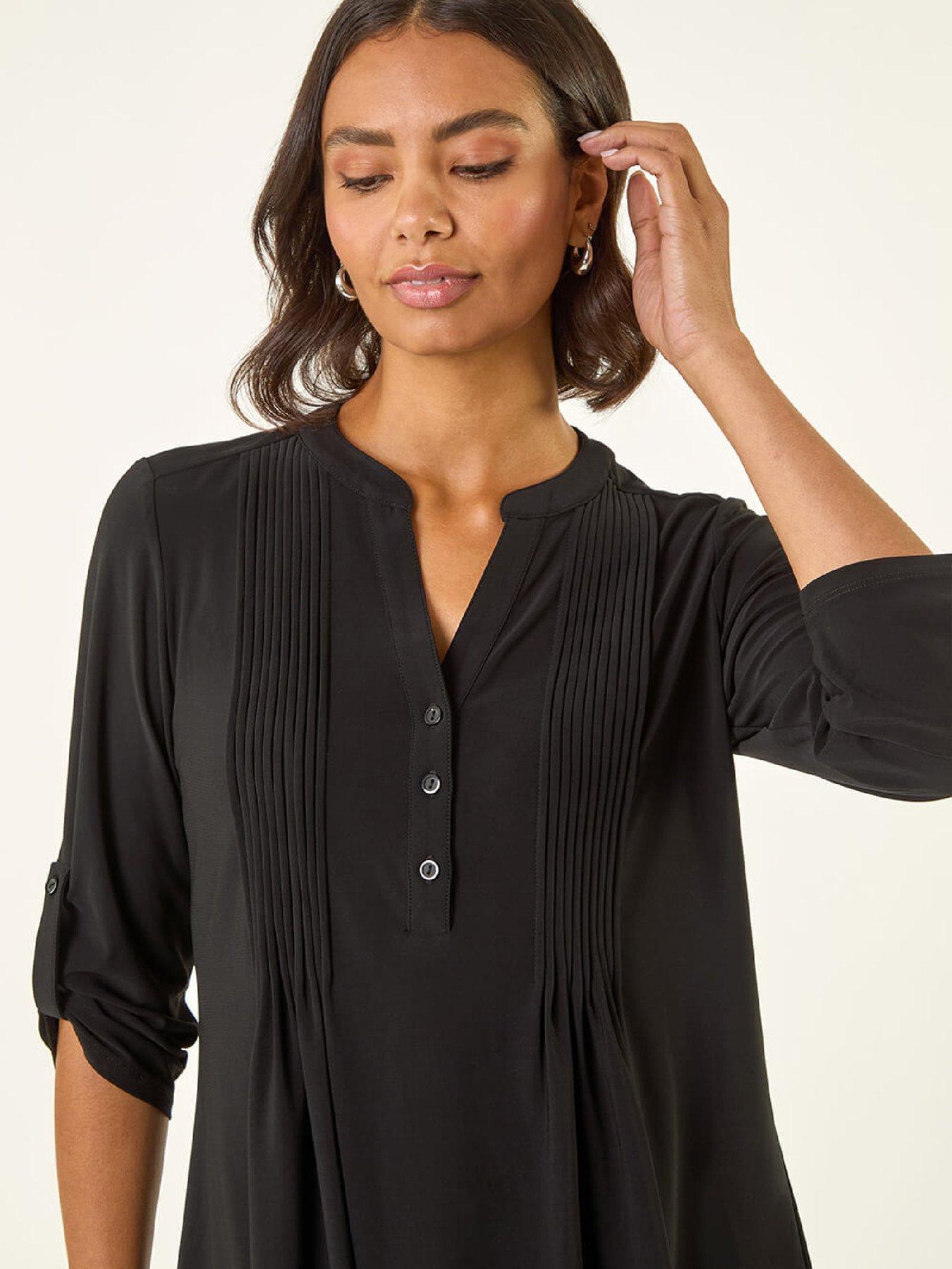  image of roman-pintuck-button-stretch-top-black