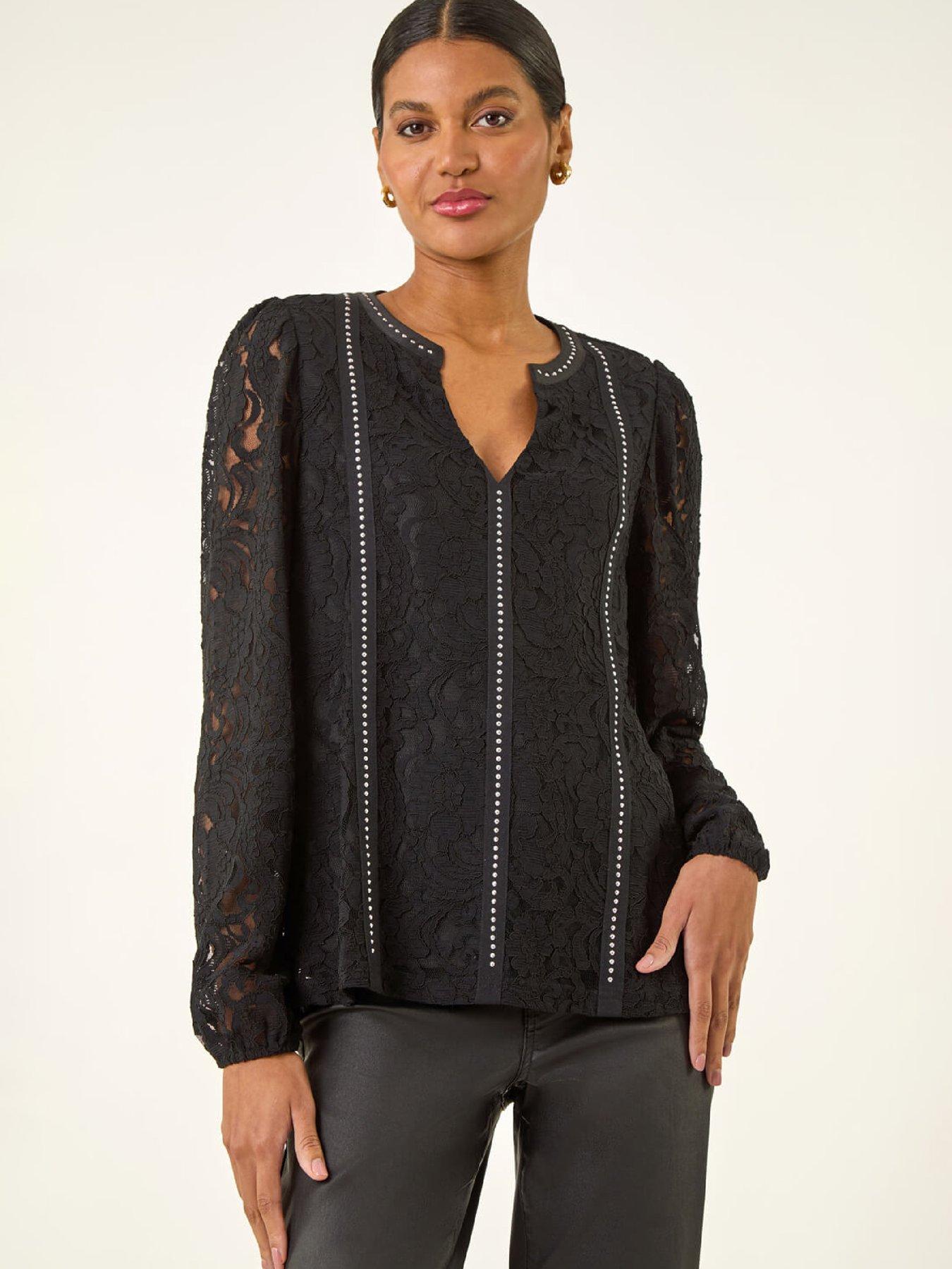 Roman Studded Lace Notch Neck Top