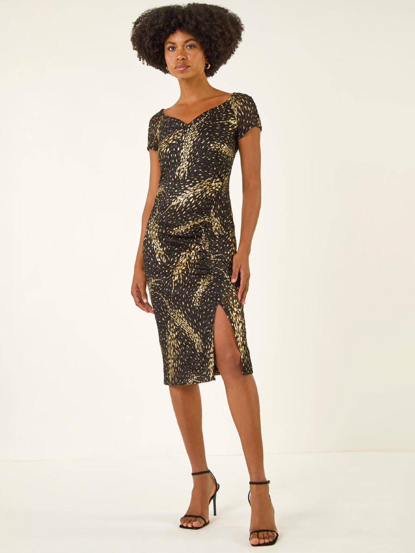 front image of roman-foil-print-lace-ruched-dress