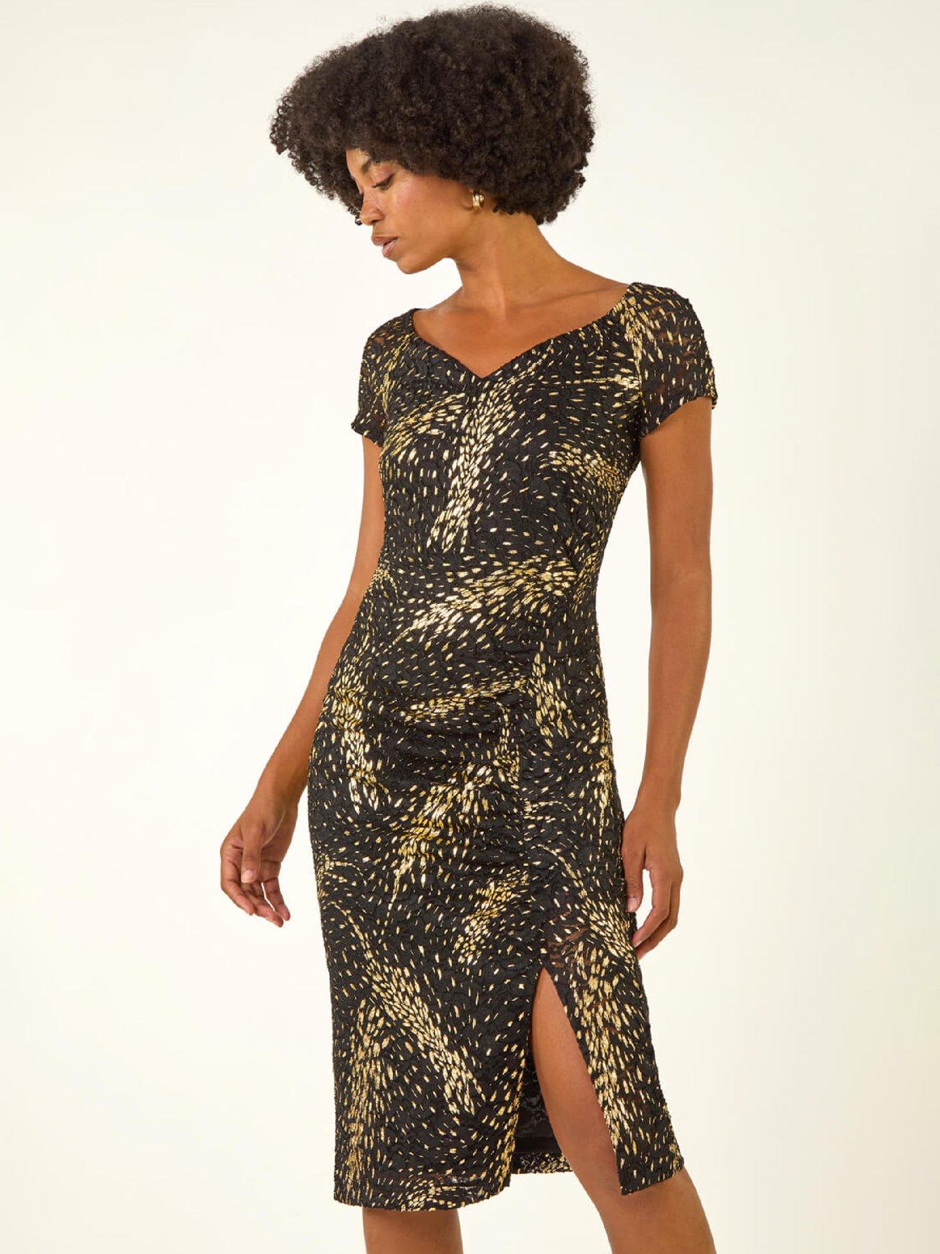  image of roman-foil-print-lace-ruched-dress
