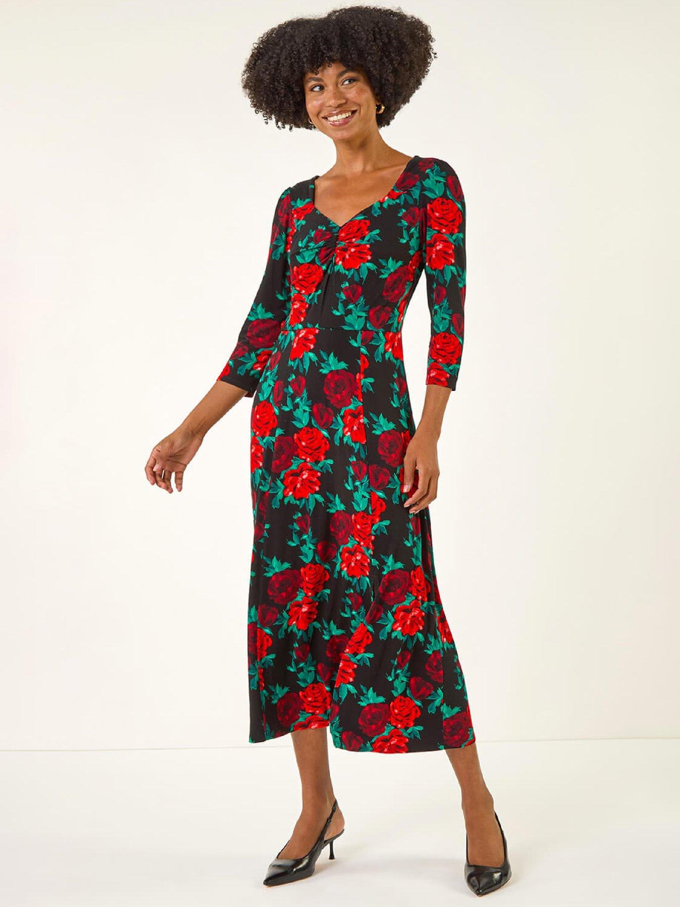 Roman Rose Ruched Midi Dress