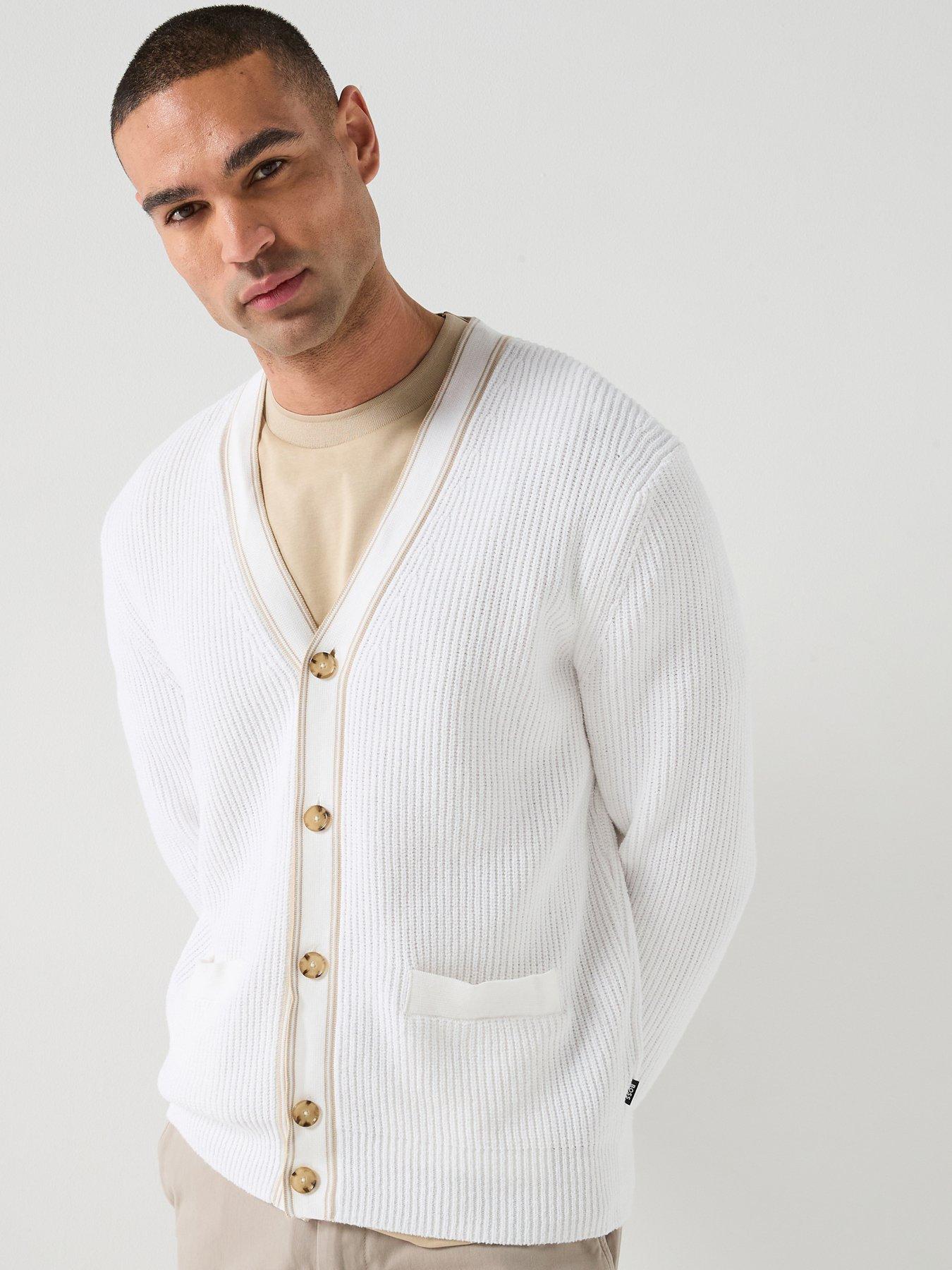 Image 1 of 6 of BOSS C-Napoli Stripe Knitted Cardigan - White