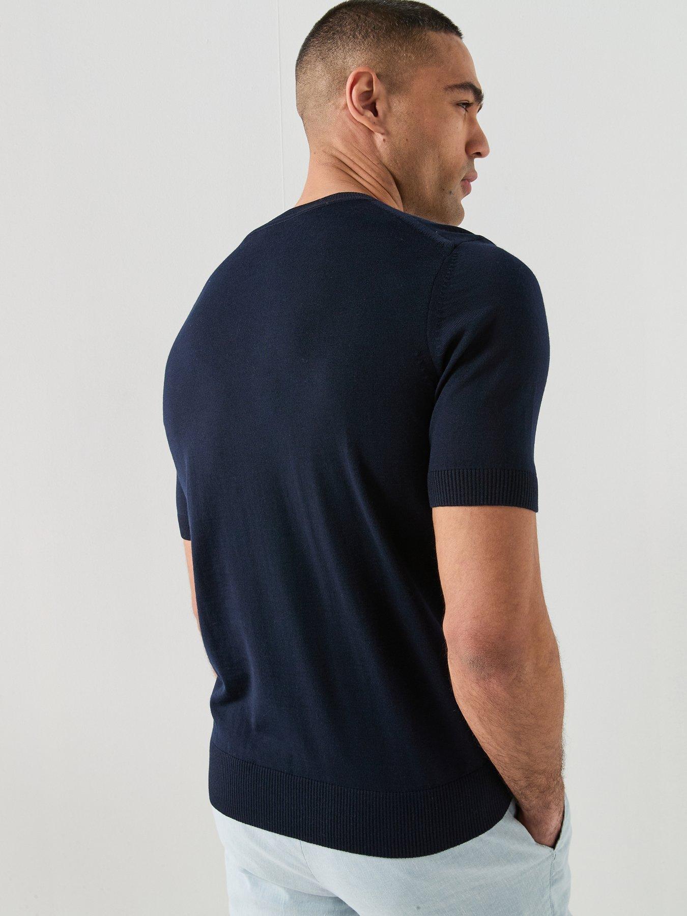Image 2 of 5 of BOSS H-Umauro Merino Short Sleeve Knitted Jumper - Dark Blue