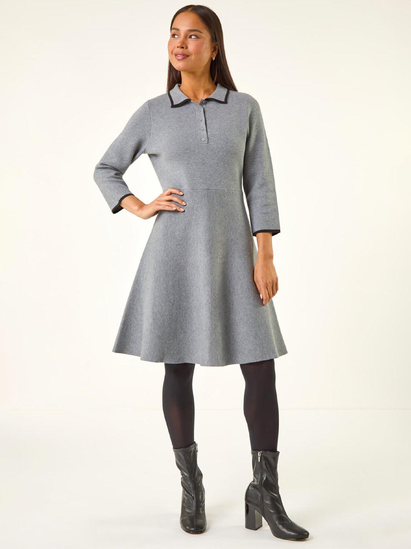 front image of roman-petite-collared-knit-dress-grey