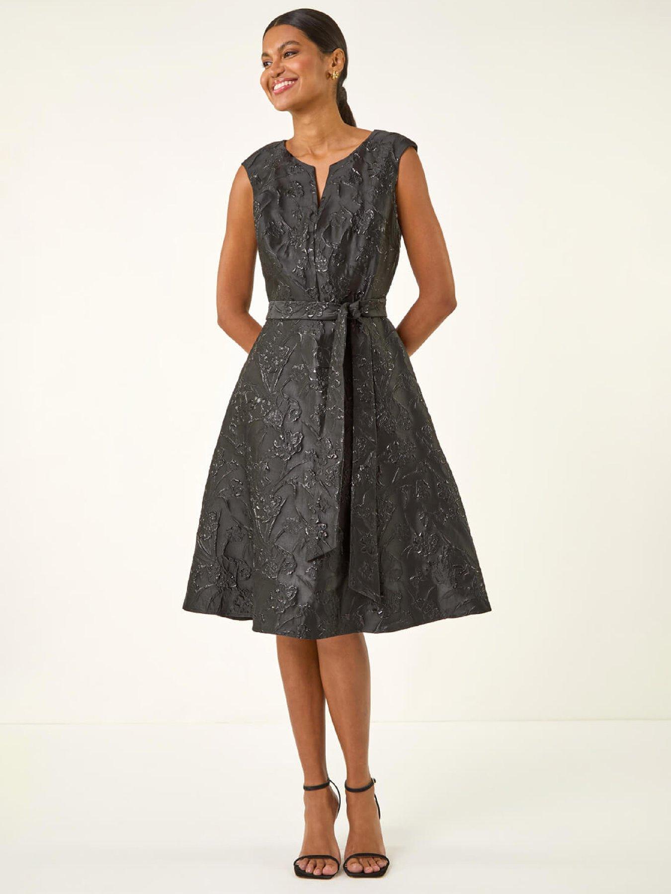 Roman Metallic Brocade Belted Dress - Black
