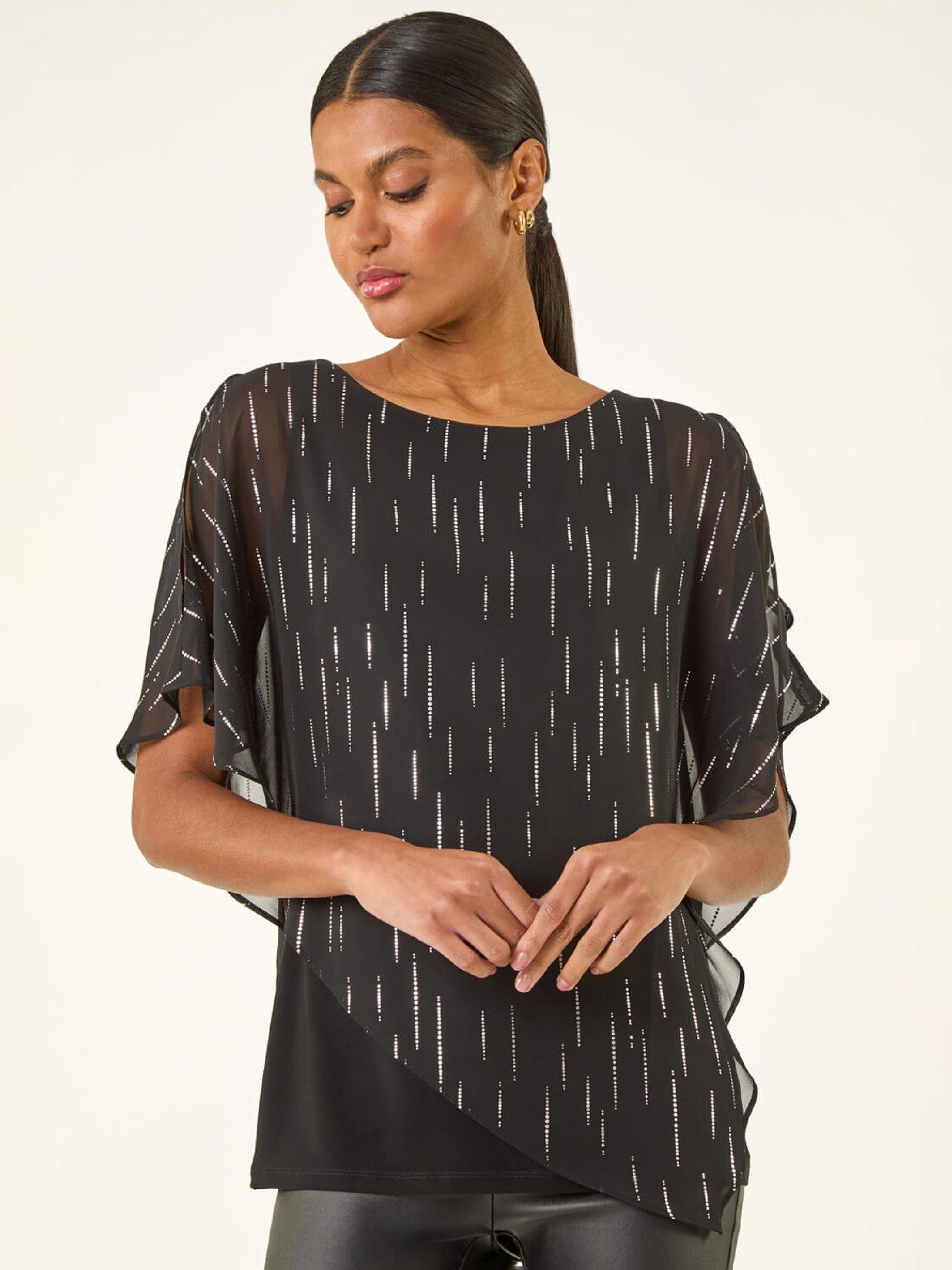 Image 1 of 5 of Roman Foil Dot Overlay Asymmetric Top - Black