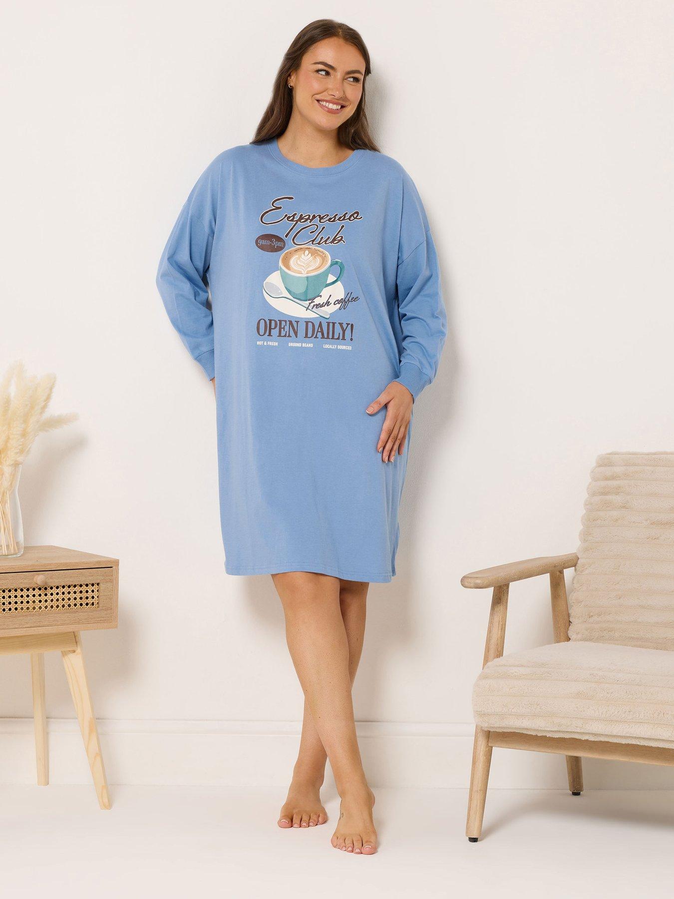 Image 1 of 5 of Yours Curve Espresso Club Long Sleeve Nightdress - Blue