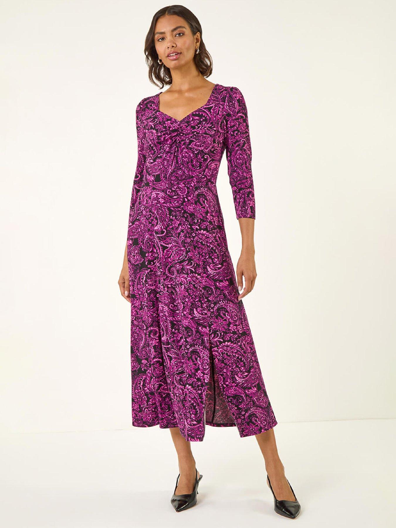 Roman Paisley Print Ruched Midi Stretch Dress