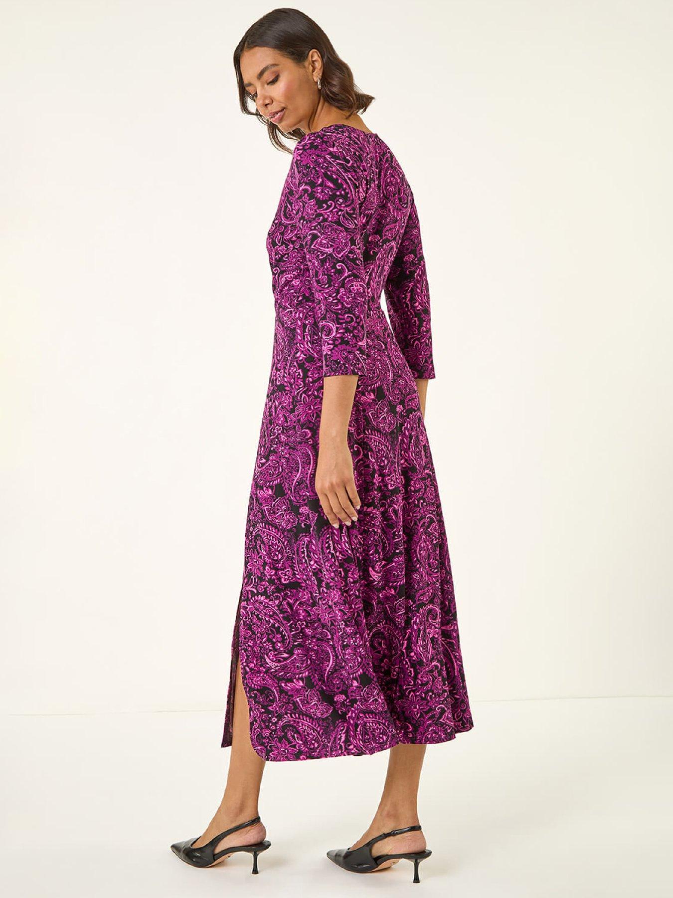 stillFront image of roman-paisley-print-ruched-midi-stretch-dress