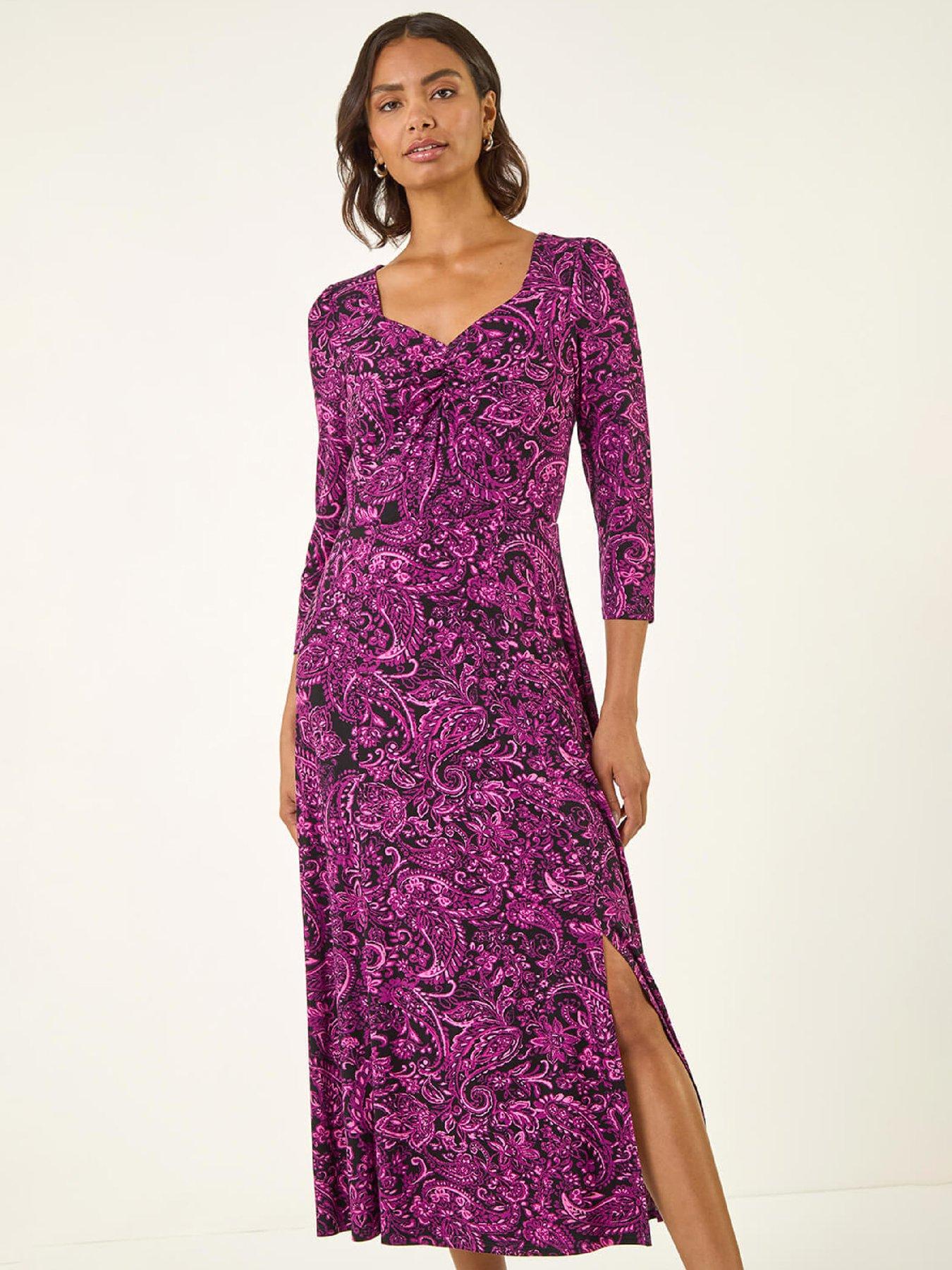  image of roman-paisley-print-ruched-midi-stretch-dress