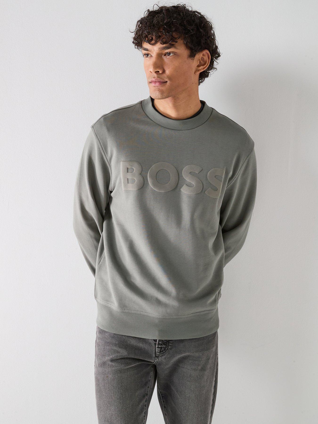 front image of boss-webasic-logo-crew-sweatshirt-dark-khaki