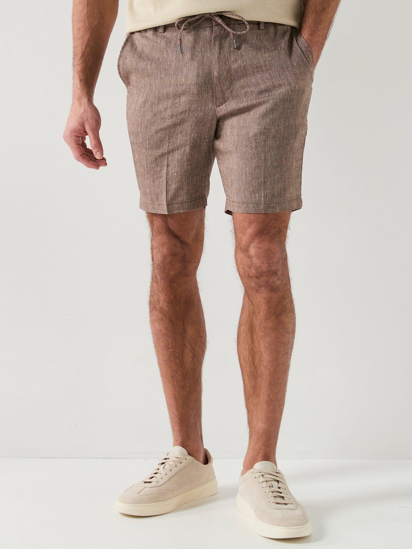 image of boss-modern-fit-linen-drawstring-shorts-brown