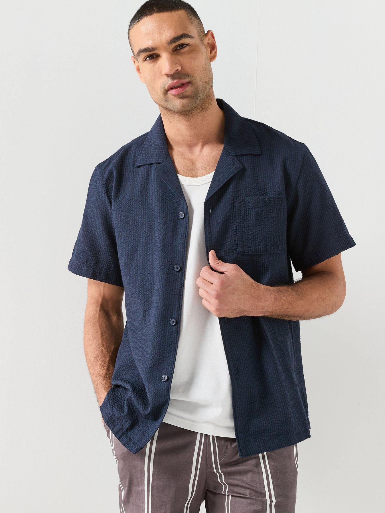 Image 1 of 6 of BOSS Relax Seersucker Short Sleeve Shirt - Navy