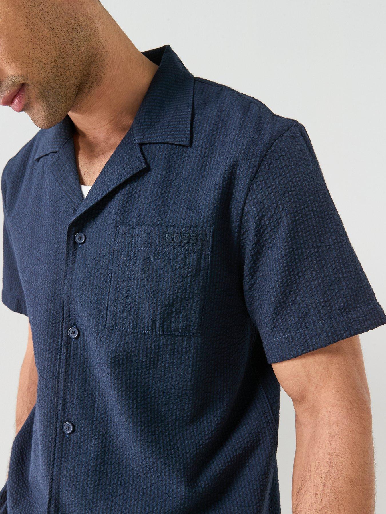 Image 5 of 6 of BOSS Relax Seersucker Short Sleeve Shirt - Navy