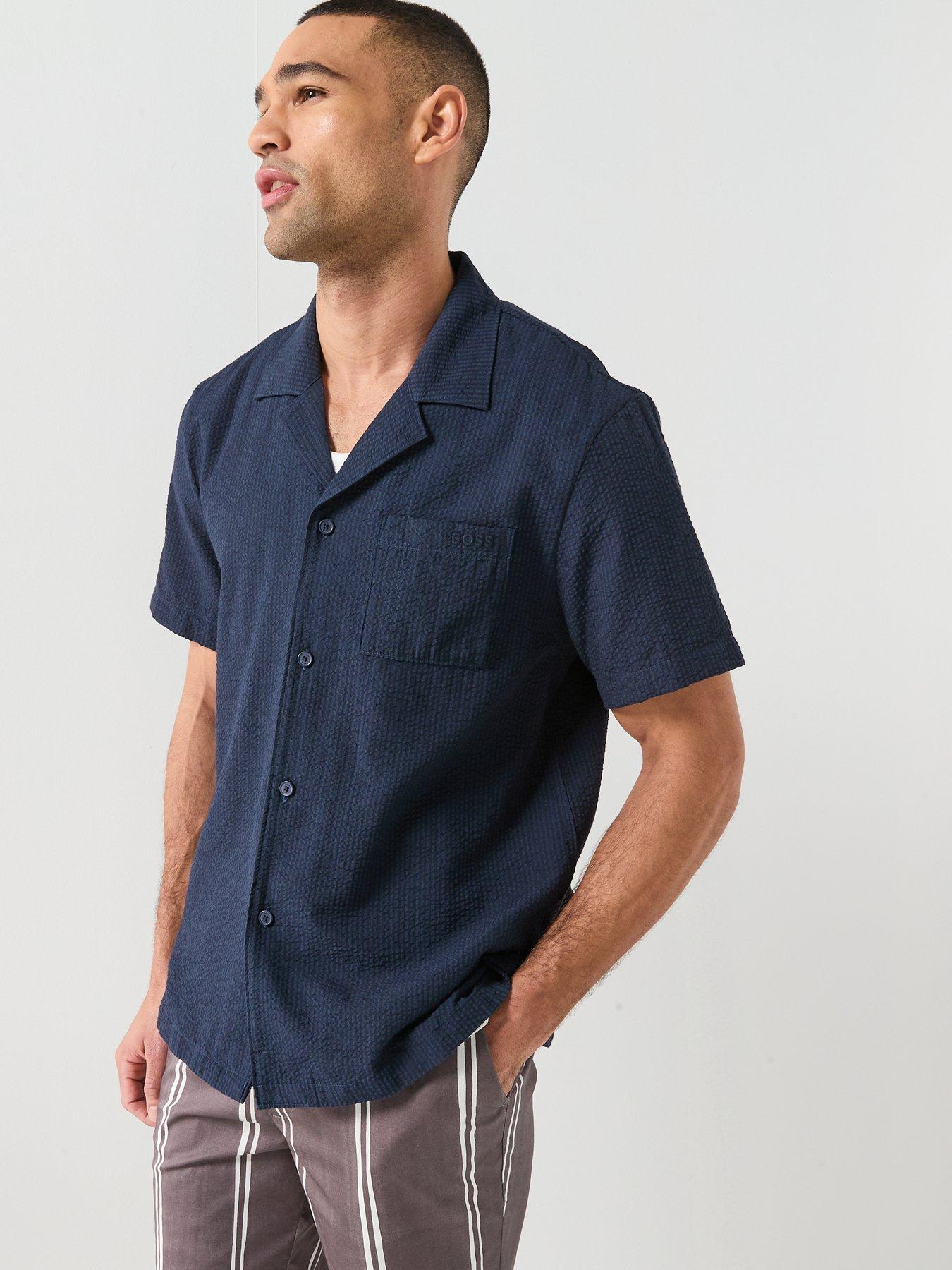 Image 6 of 6 of BOSS Relax Seersucker Short Sleeve Shirt - Navy