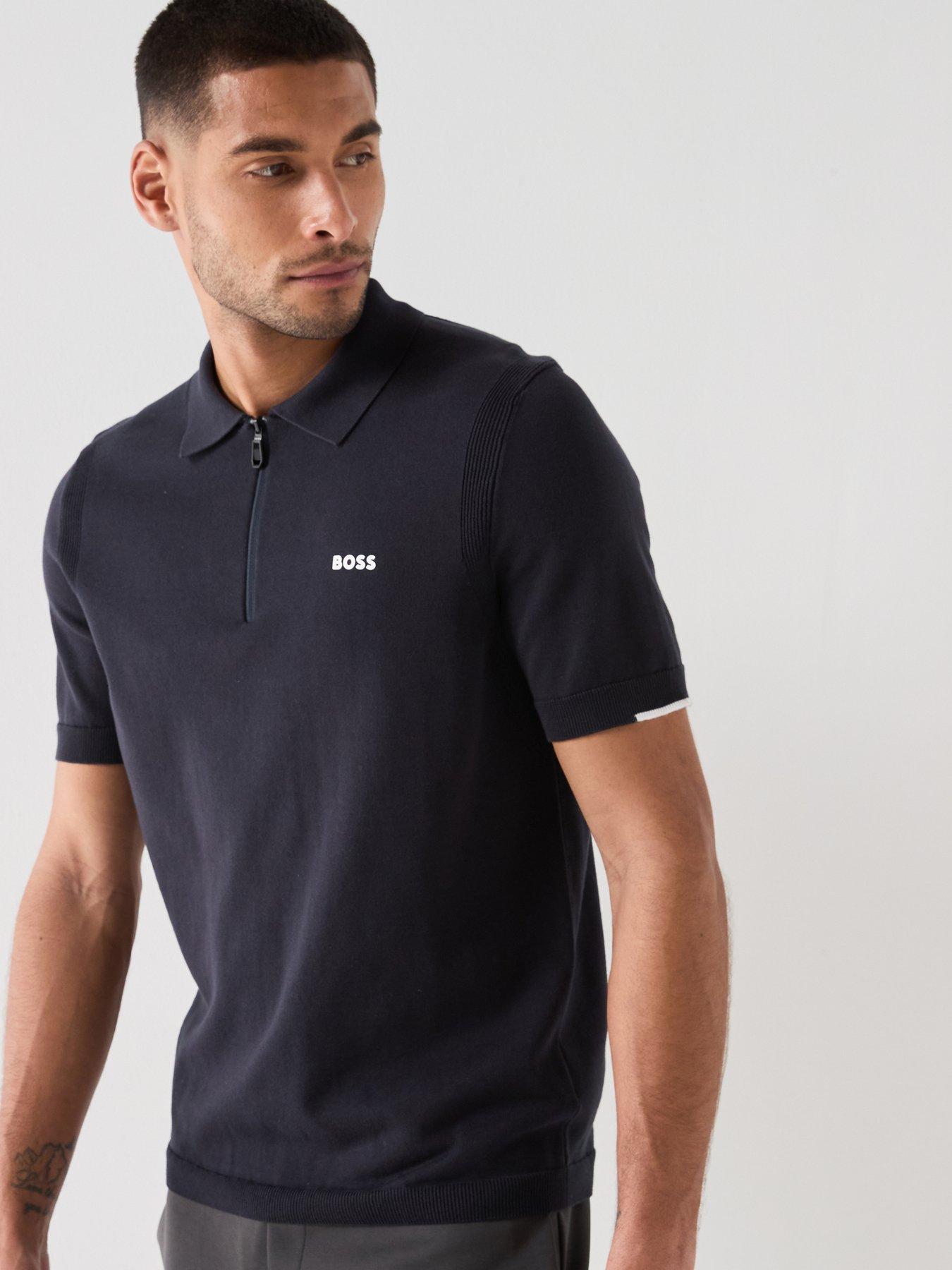 BOSS 1/4 Zip Knitted Polo Shirt - Navy