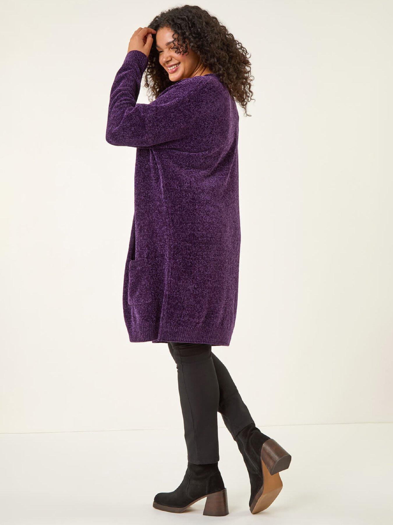stillFront image of roman-curve-textured-chennile-knit-cardigan-purple