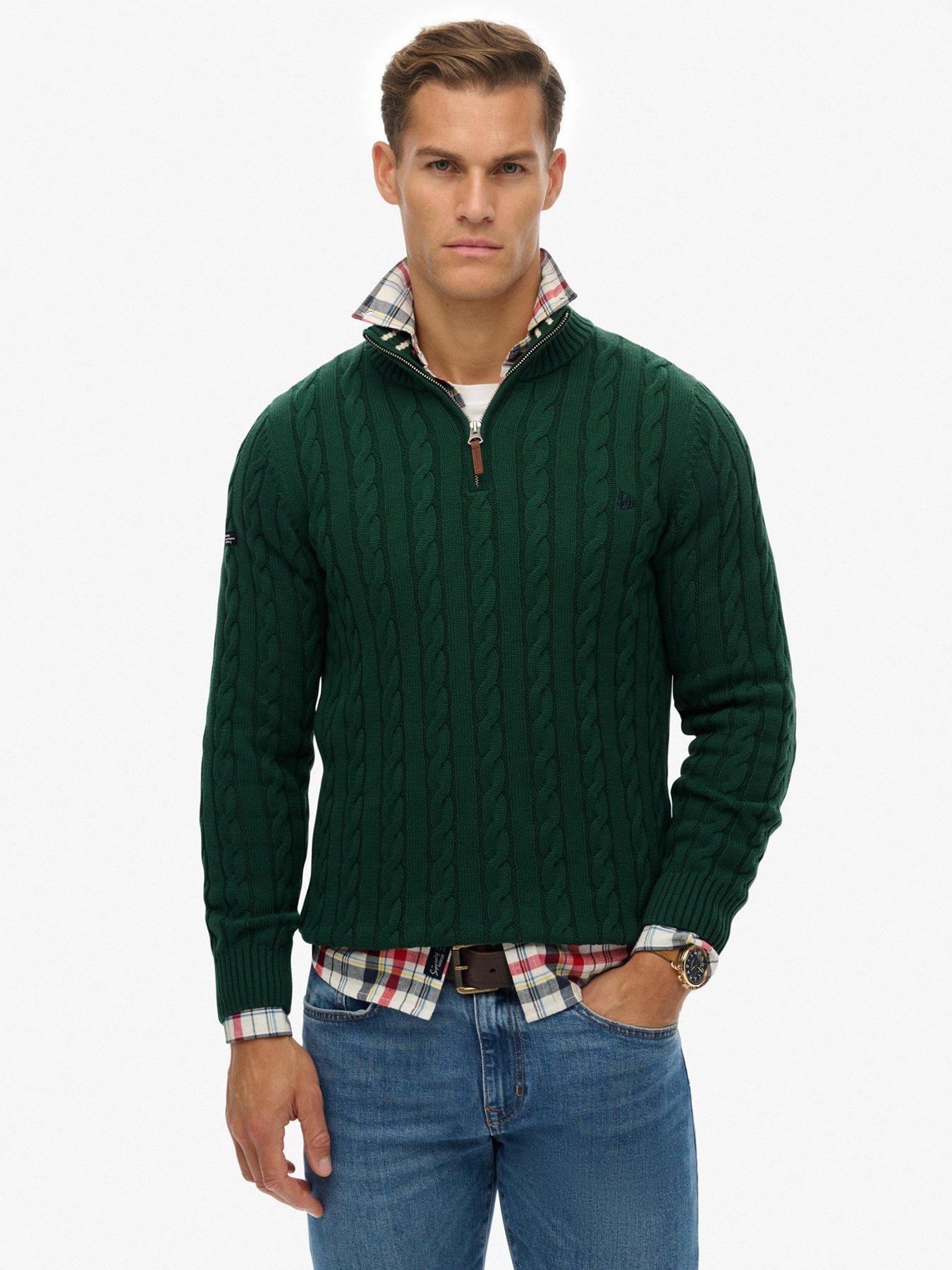 front image of superdry-cotton-classic-cable-quarter-zip-knitted-jumper-dark-green