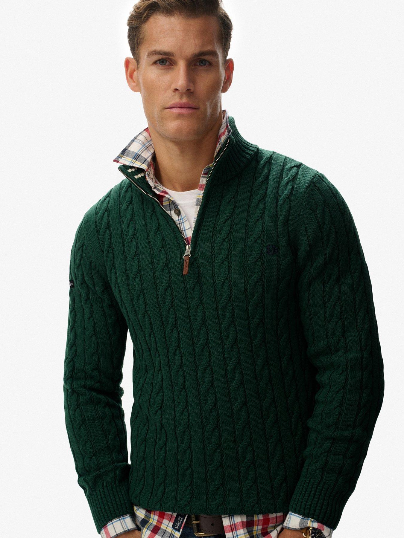  image of superdry-cotton-classic-cable-quarter-zip-knitted-jumper-dark-green