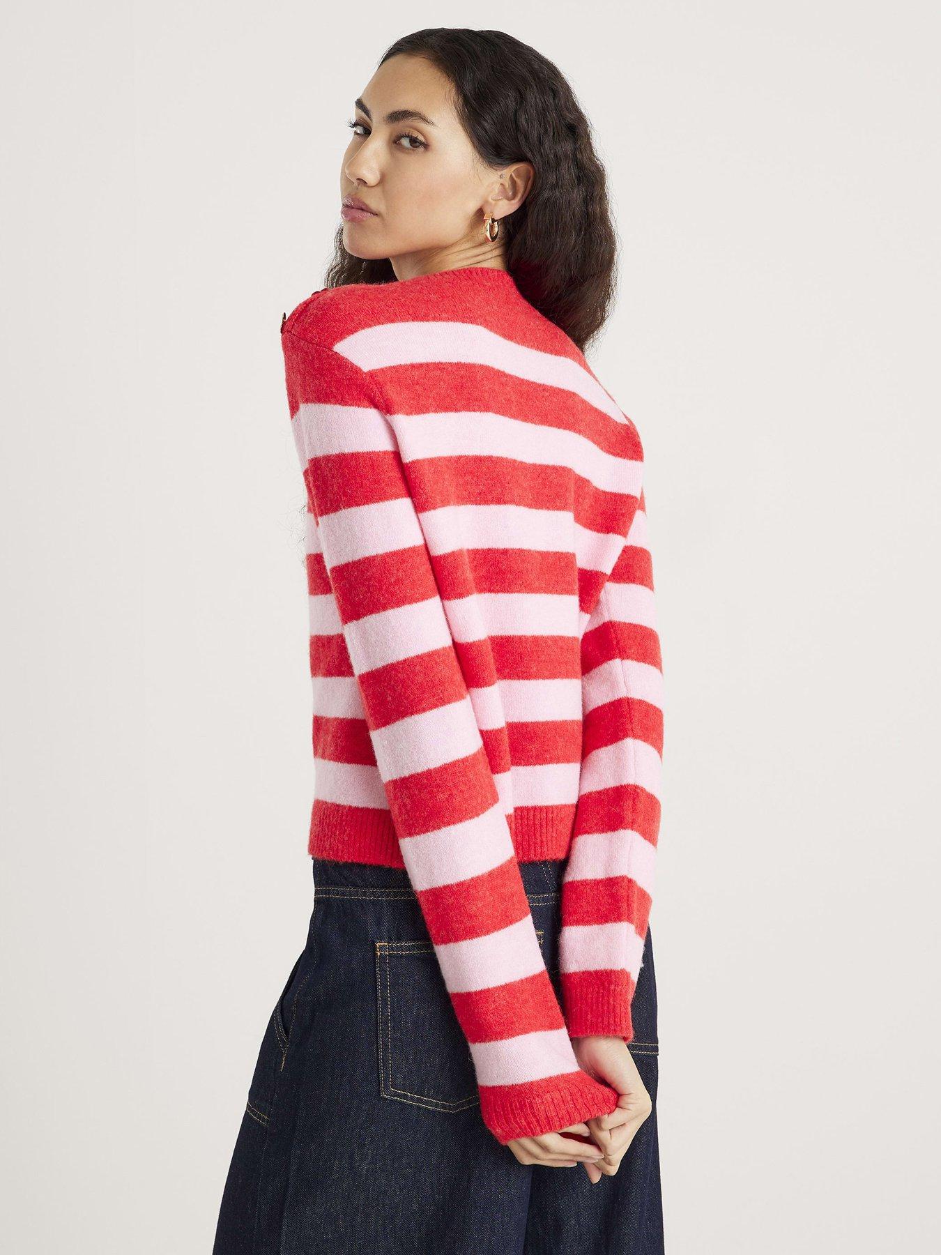 Image 2 of 6 of River Island Stripe Heart Button Jumper - Red