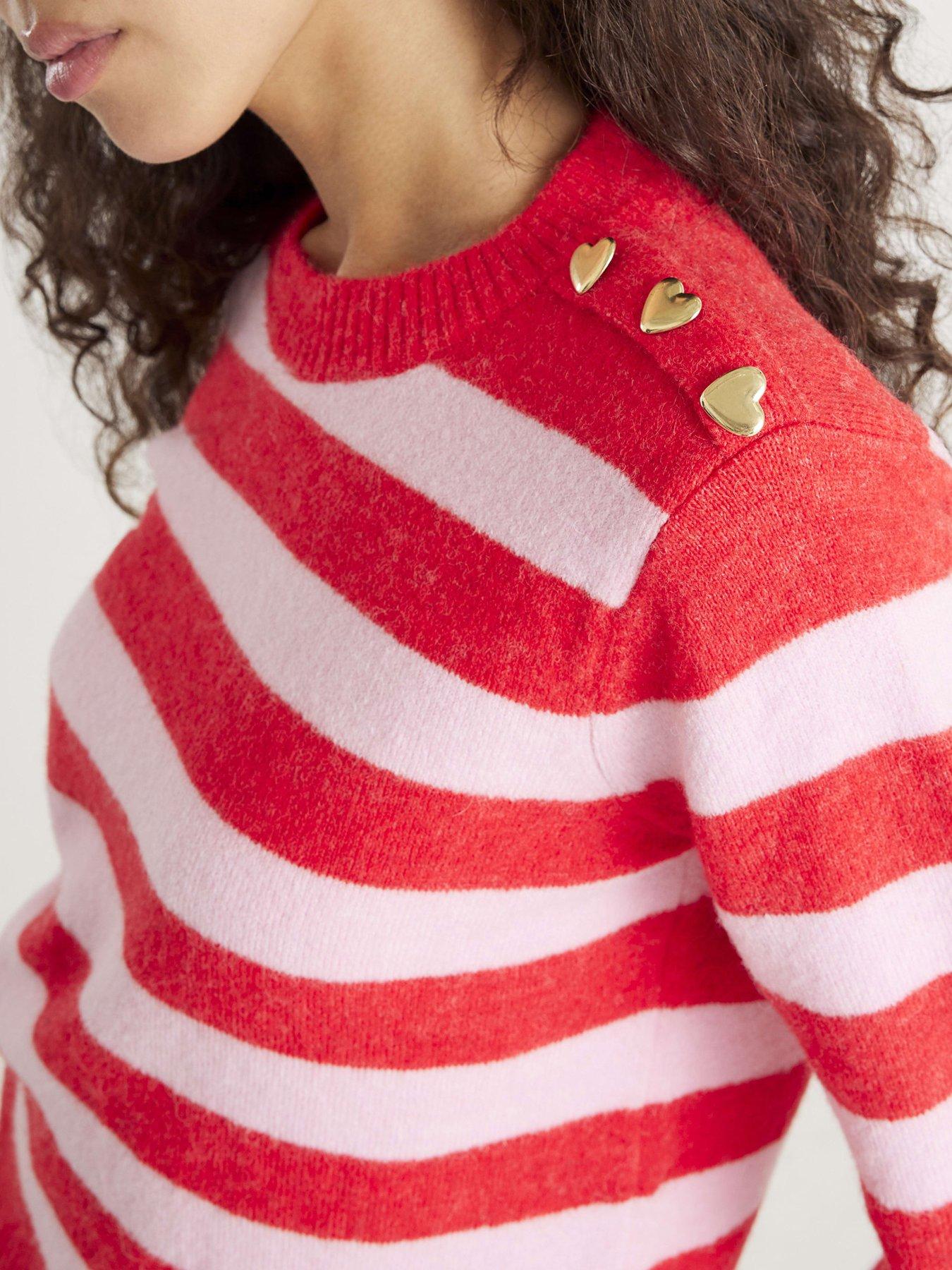 Image 4 of 6 of River Island Stripe Heart Button Jumper - Red