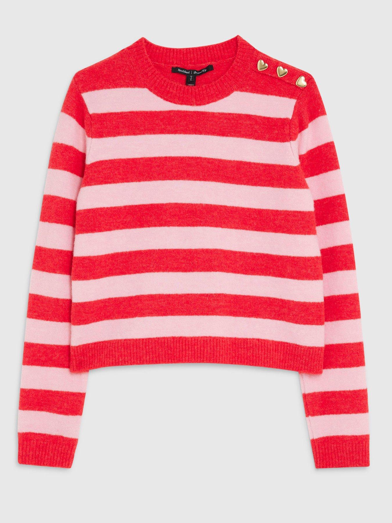 Image 5 of 6 of River Island Stripe Heart Button Jumper - Red