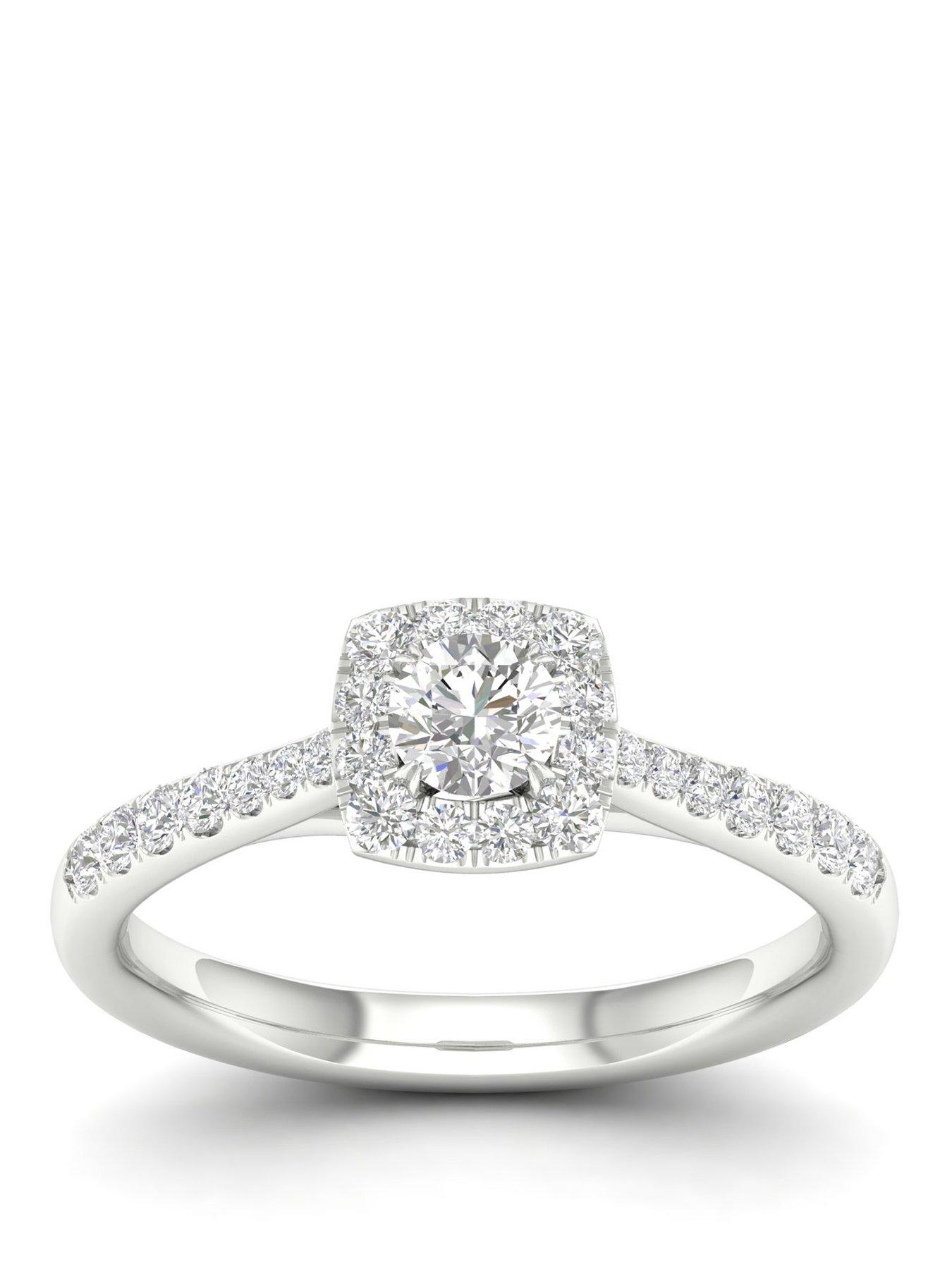 Ernest Jones Engagement Ring 18Ct Gold  &  Platinum Cushion Halo 0.50Ct Diamond Ring - White