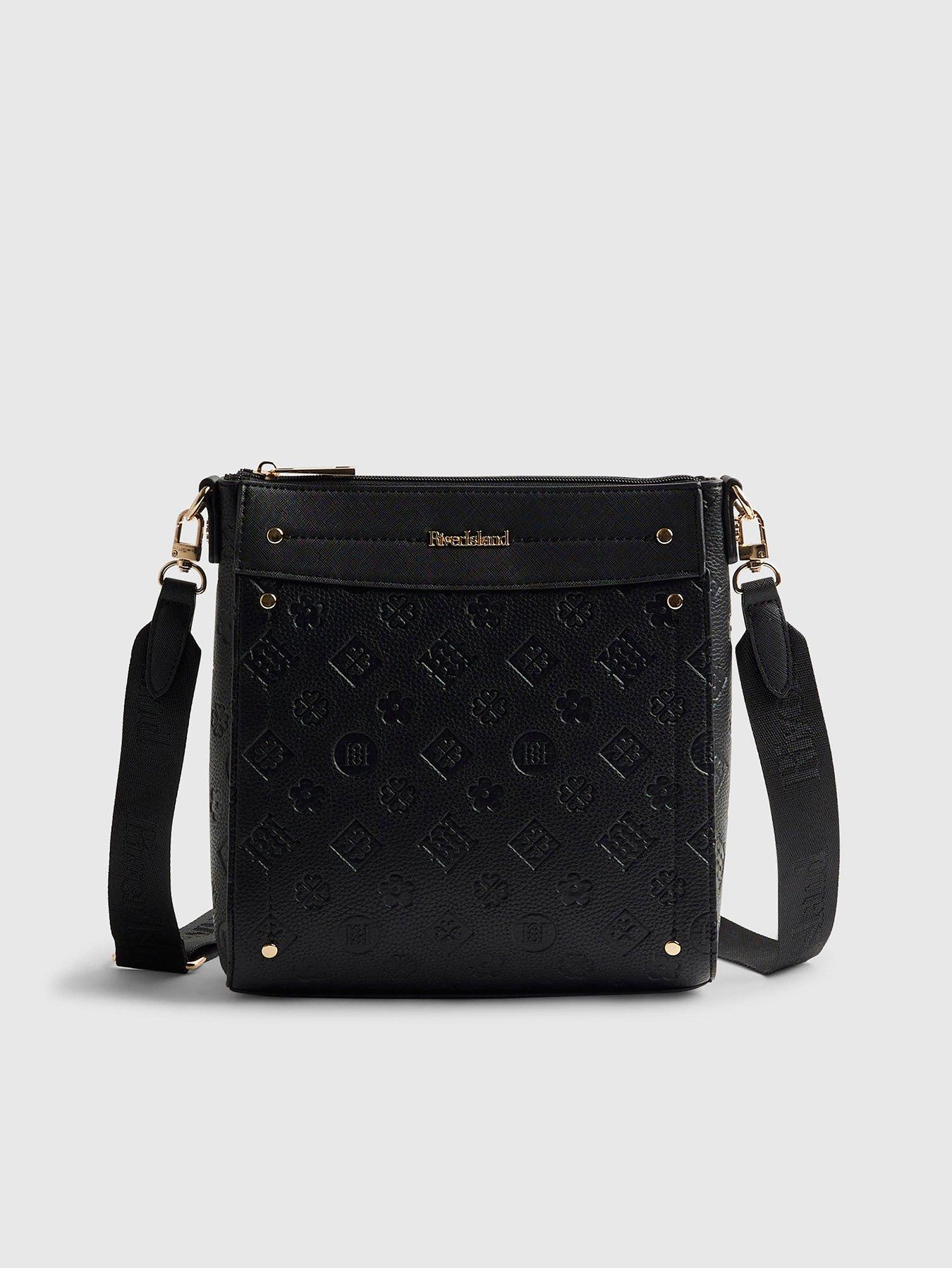 front image of river-island-monogram-emboss-messenger-black