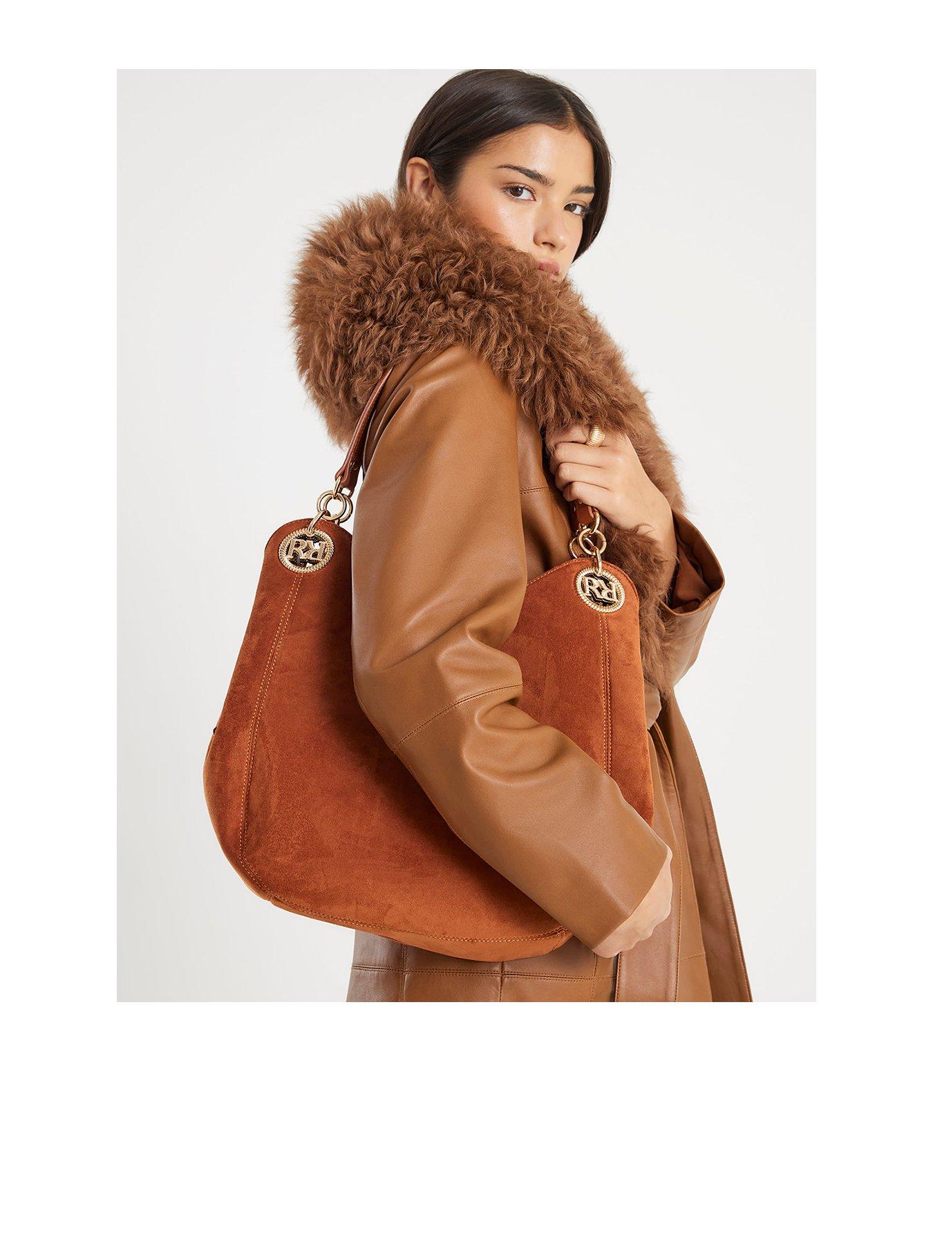 front image of river-island-branded-eyelet-slouch-bag-brown
