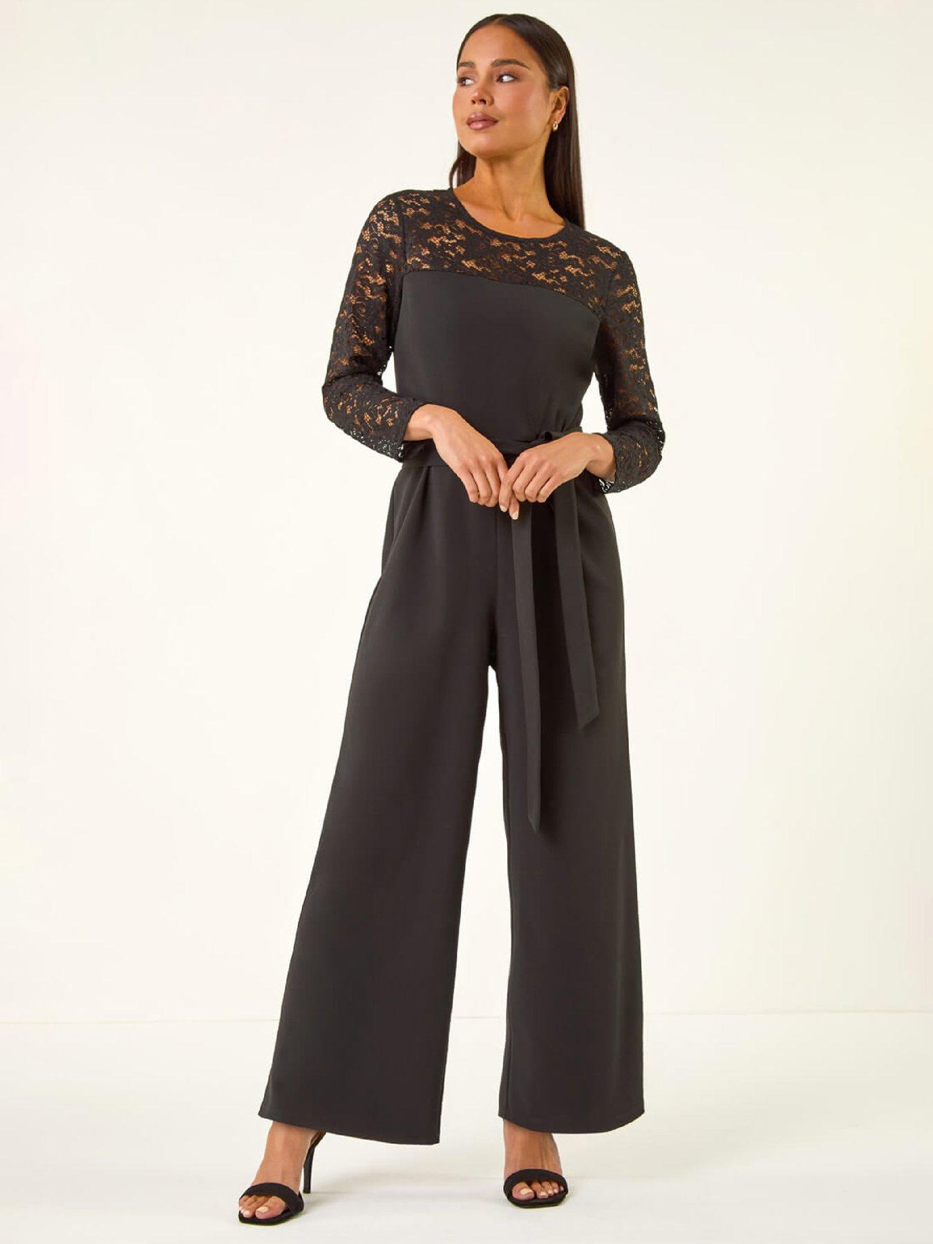 front image of roman-petite-lace-contrast-stretch-jumpsuit