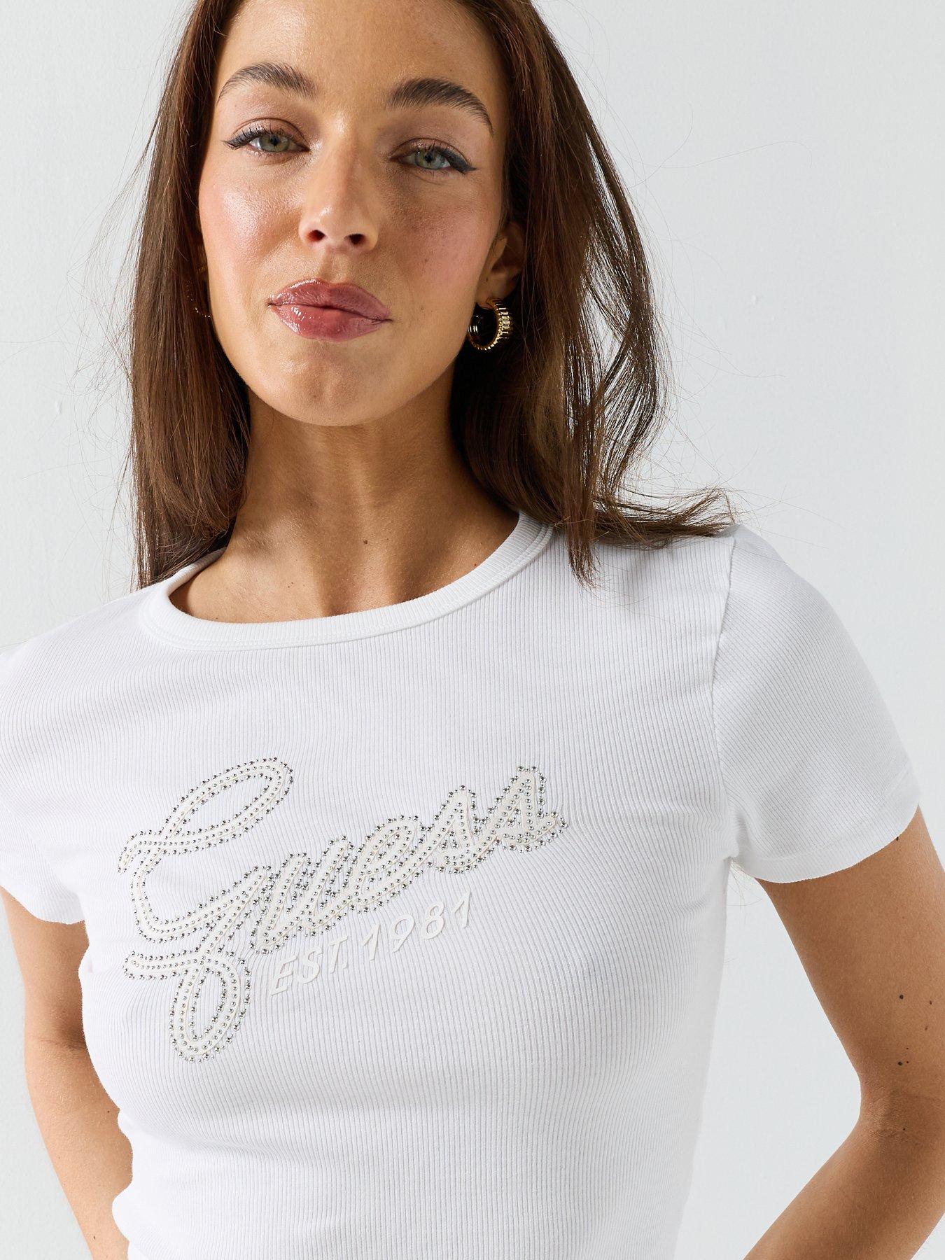 Image 4 of 5 of Guess Jeans Short Sleeve Studs Script T-Shirt - White