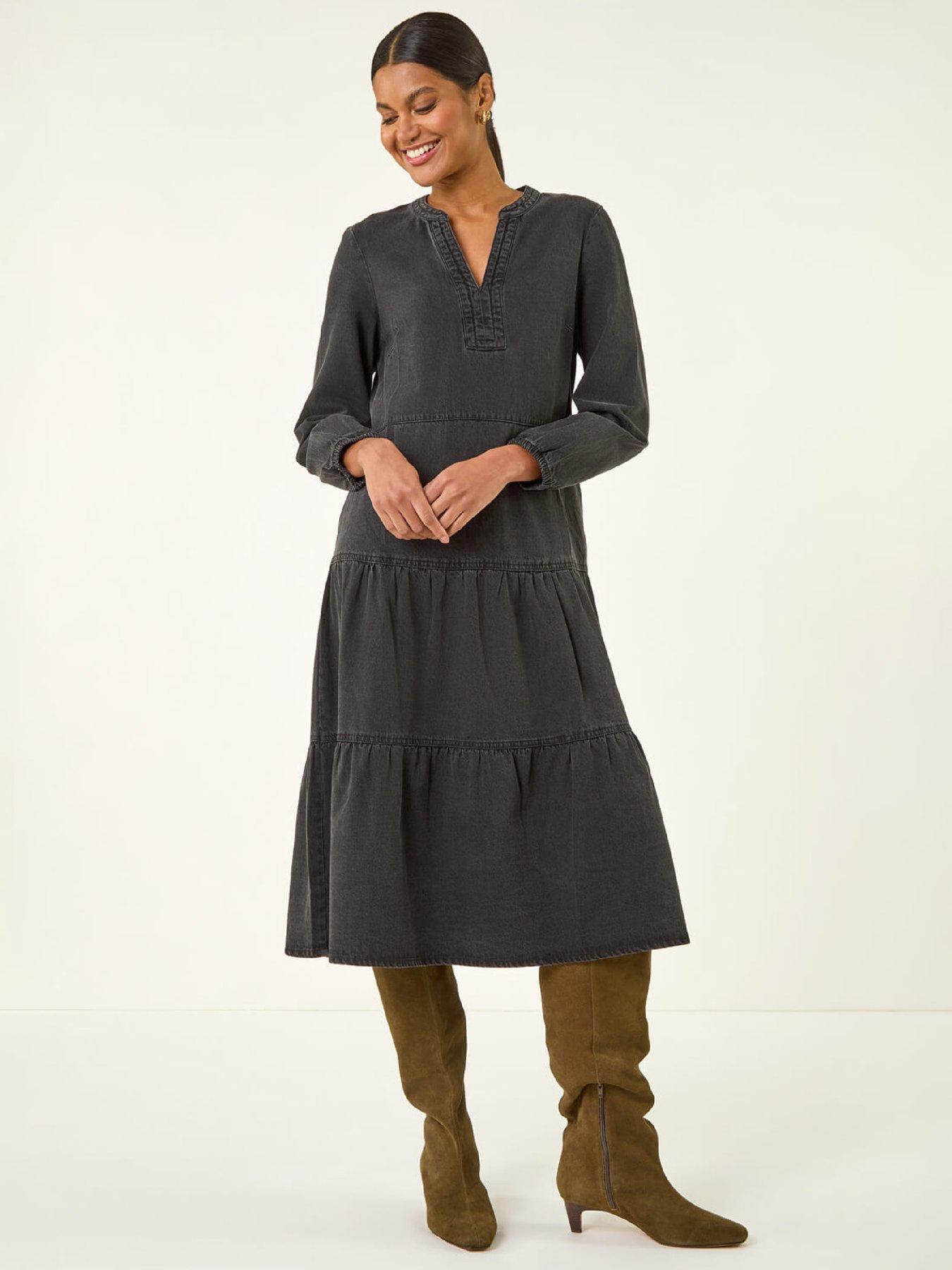 Roman Cotton Denim Tiered Midi Dress