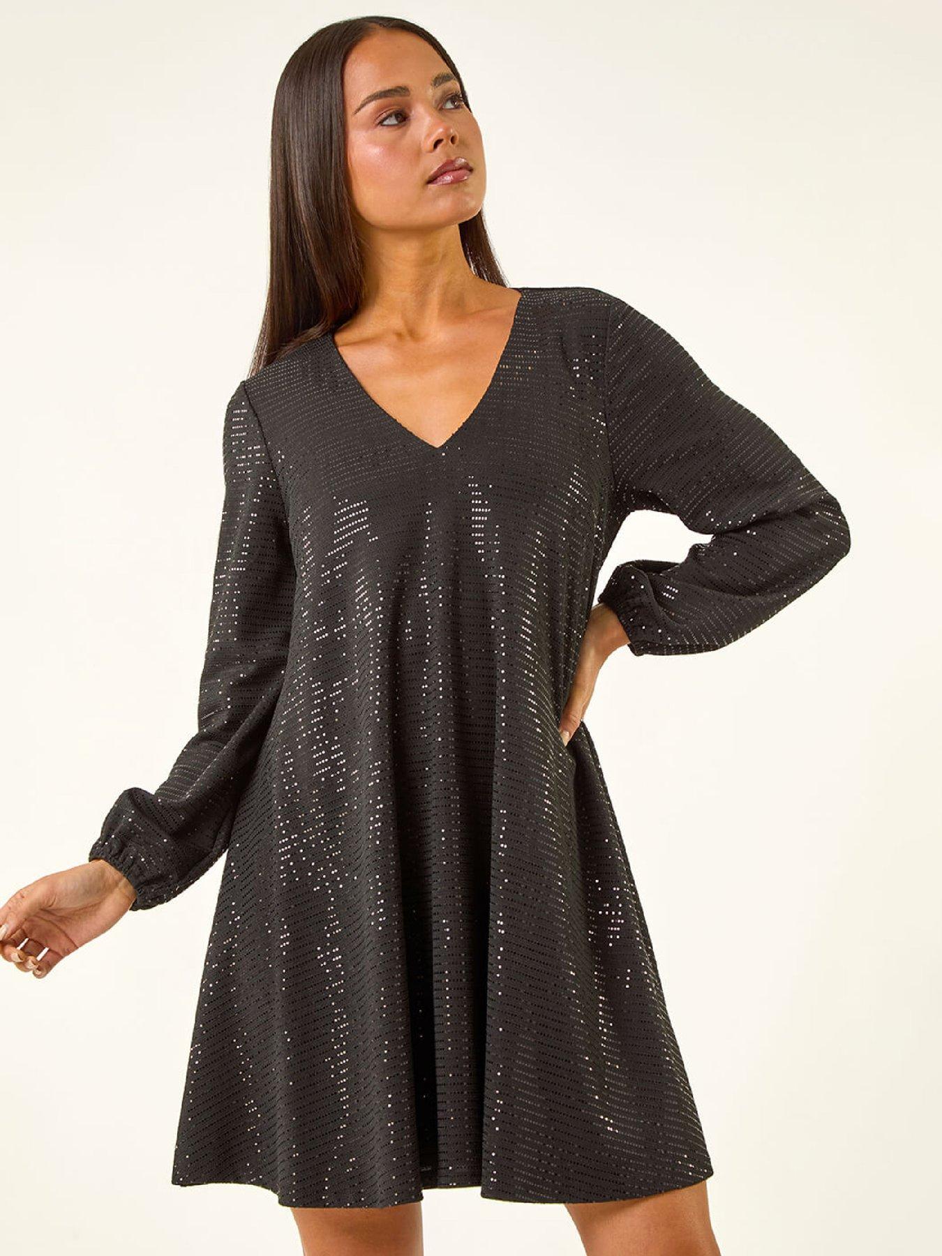 front image of roman-petite-sparkle-swing-stretch-dress-black