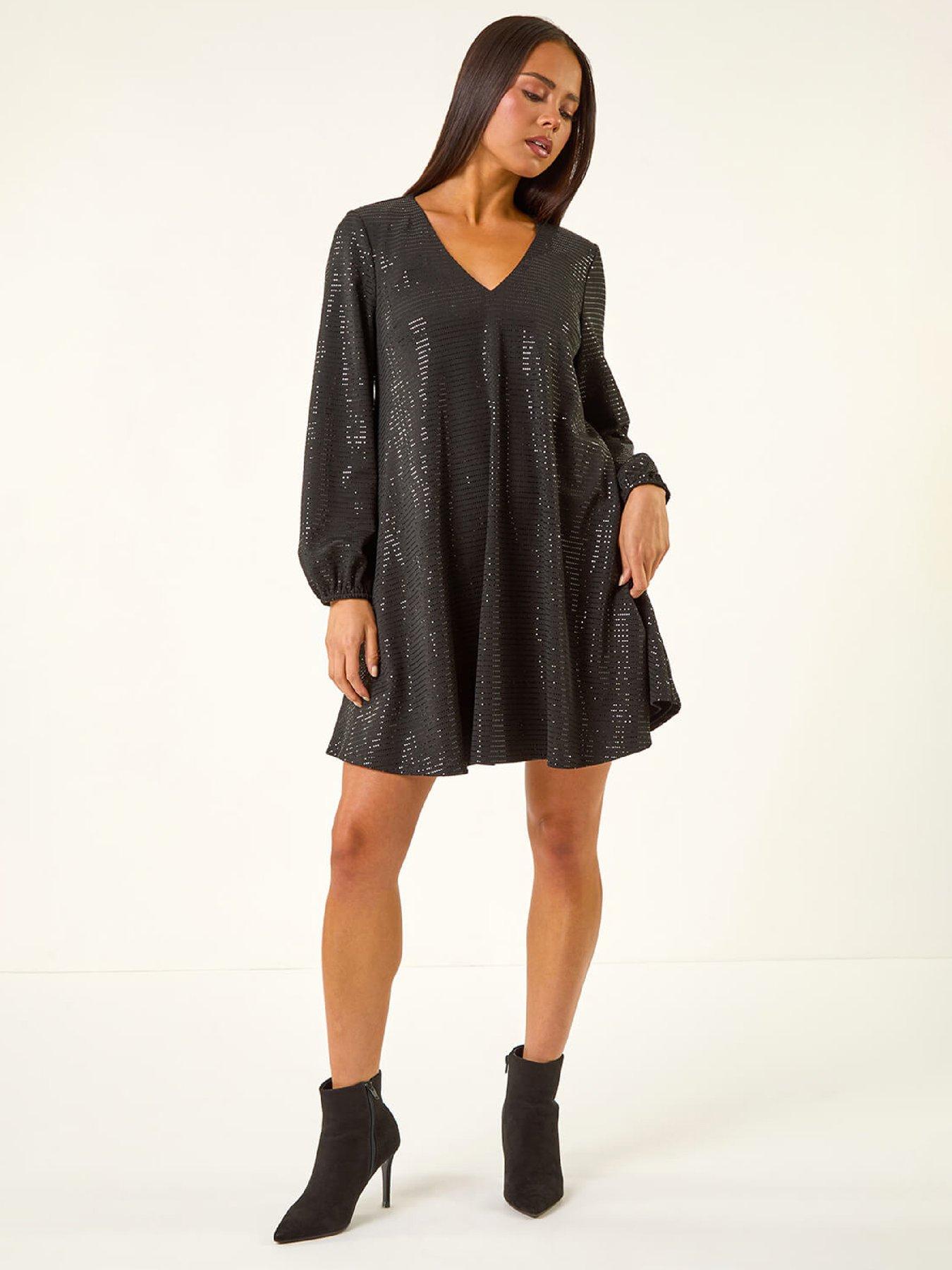  image of roman-petite-sparkle-swing-stretch-dress-black