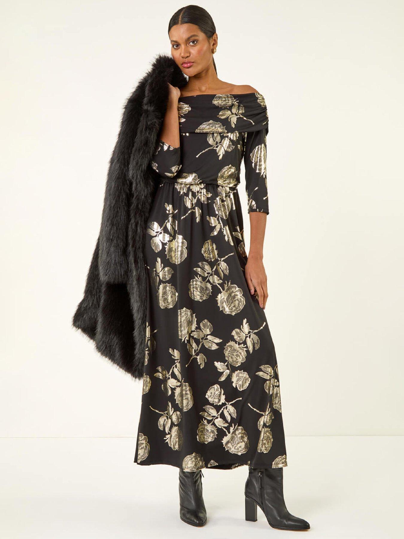 roman-floral-foil-bardot-midi-dress