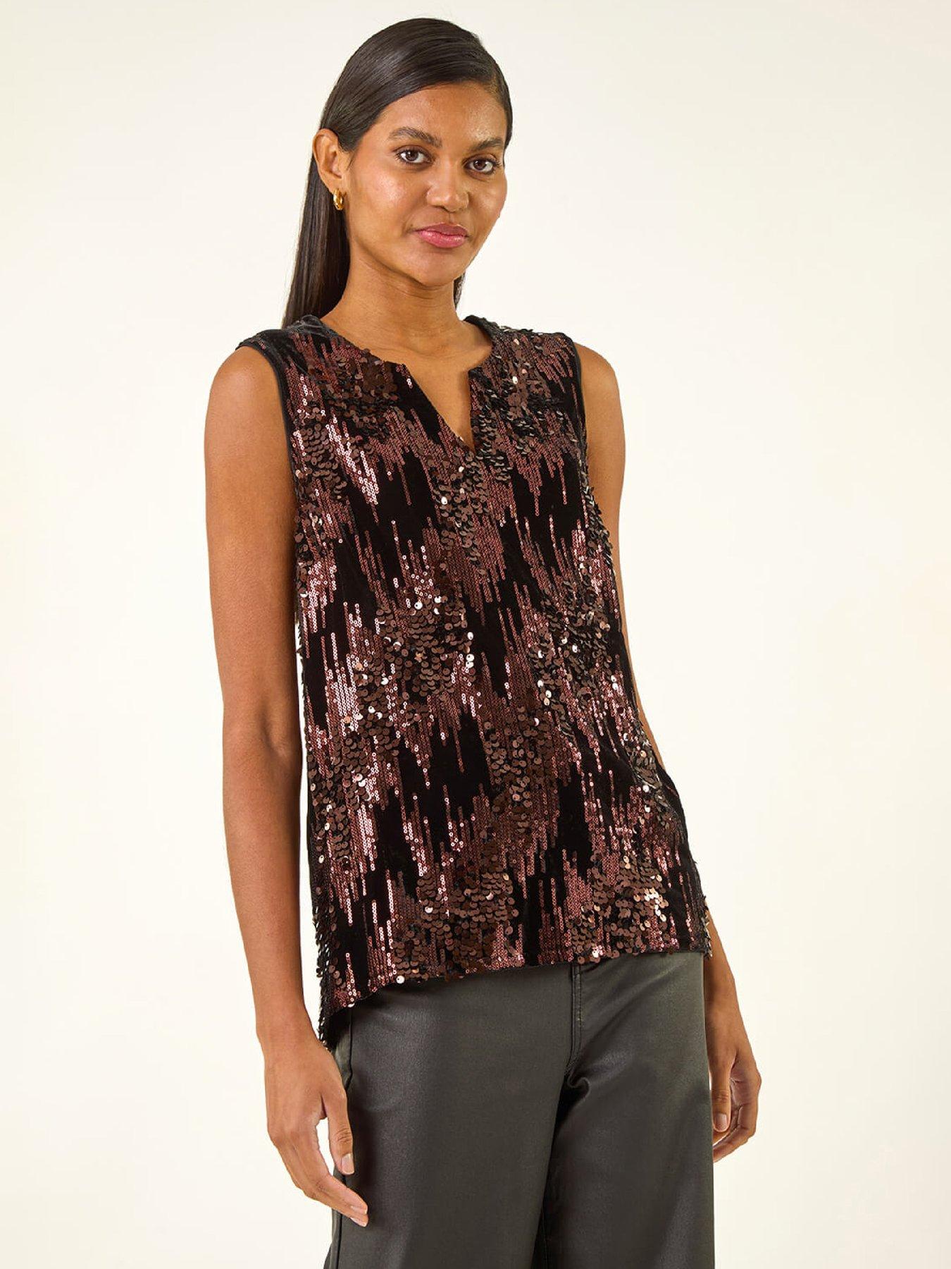 front image of roman-sequin-velvet-notch-neck-top-brown