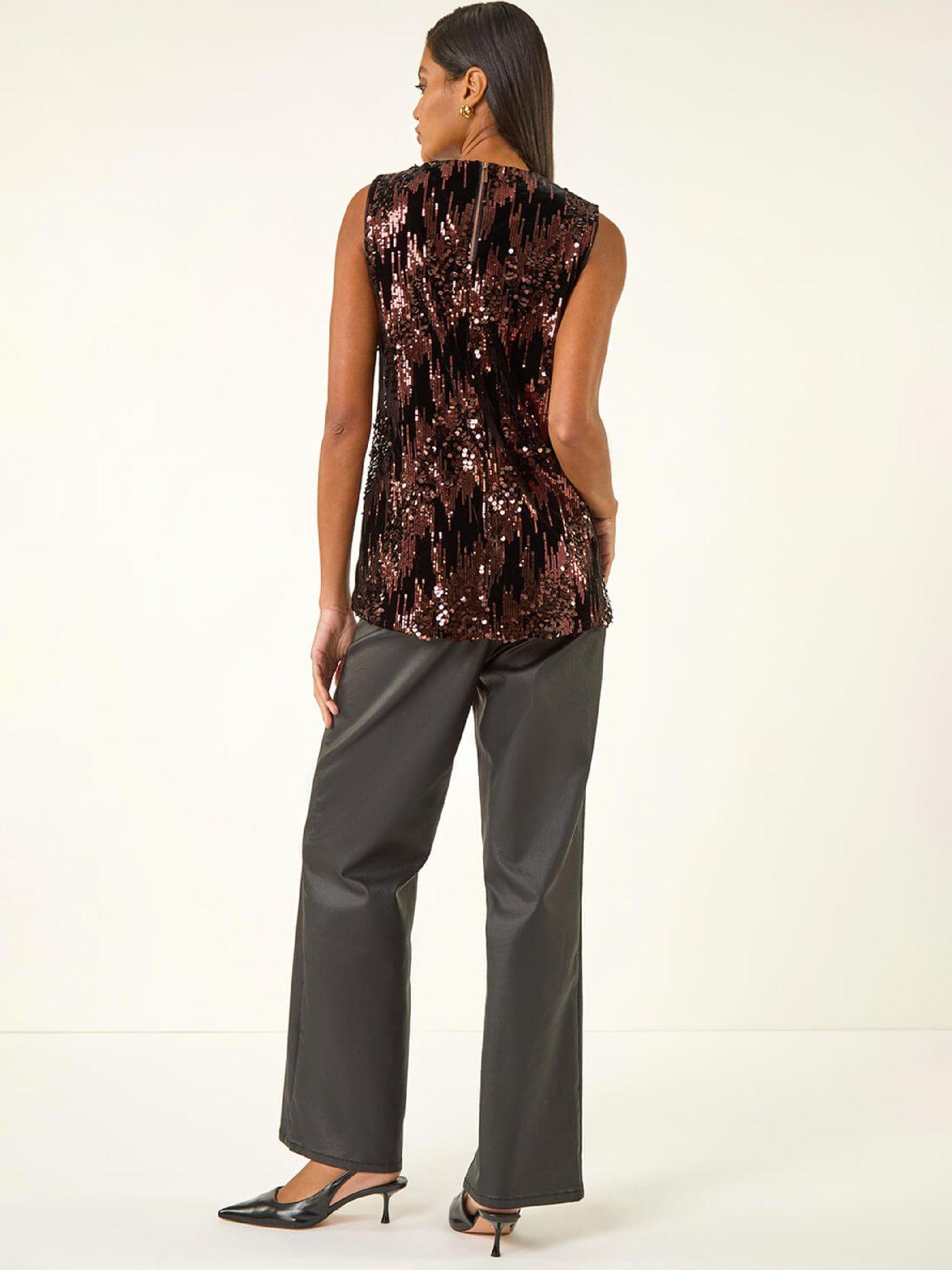  image of roman-sequin-velvet-notch-neck-top-brown