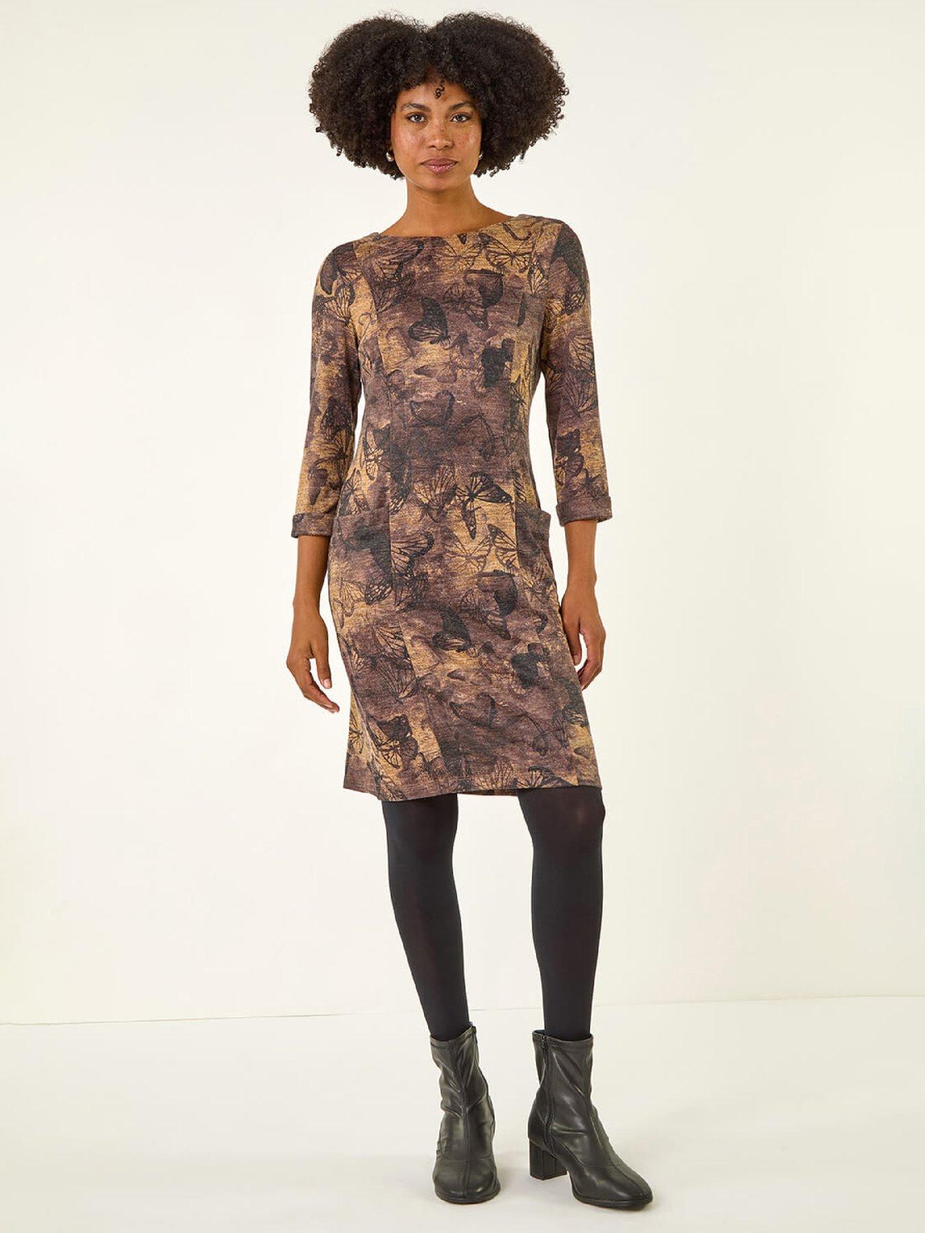  image of roman-butterfly-pocket-stretch-shift-dress-brown