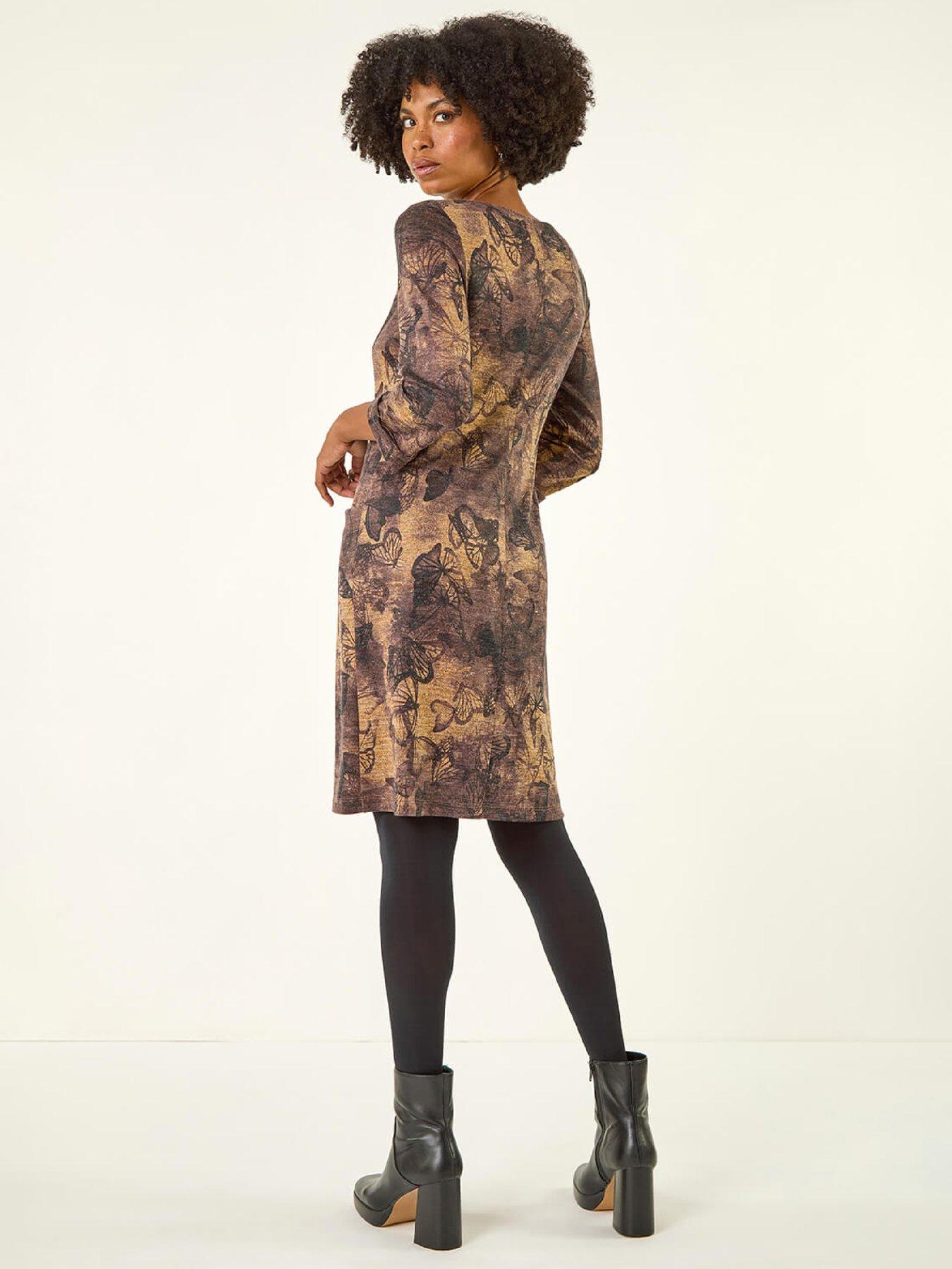  image of roman-butterfly-pocket-stretch-shift-dress-brown