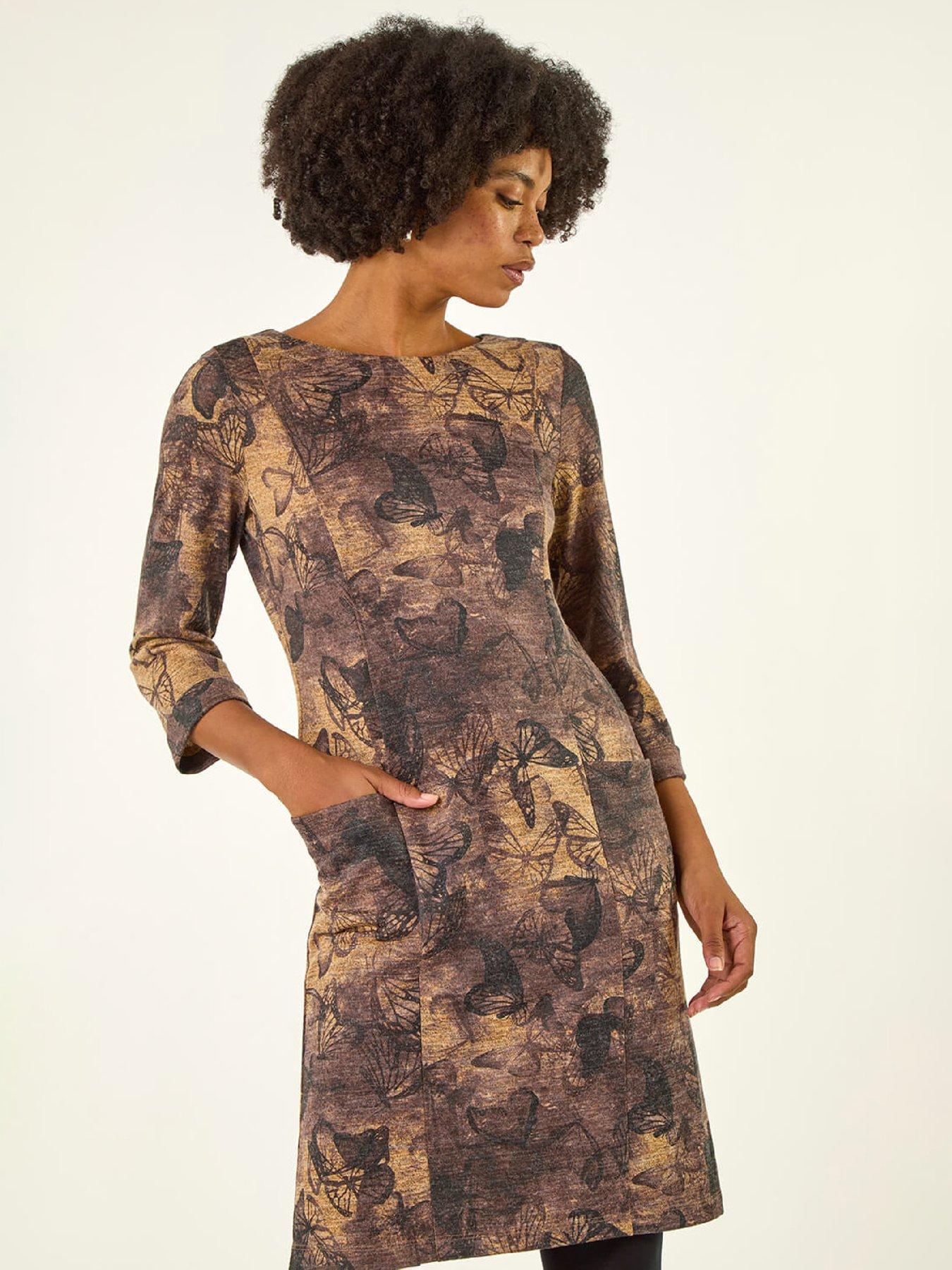  image of roman-butterfly-pocket-stretch-shift-dress-brown