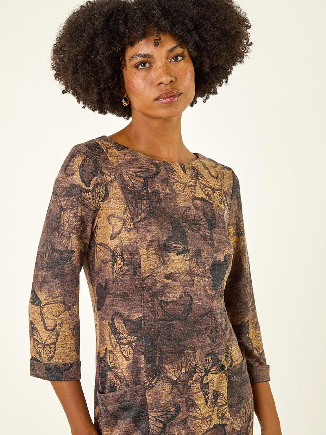  image of roman-butterfly-pocket-stretch-shift-dress-brown
