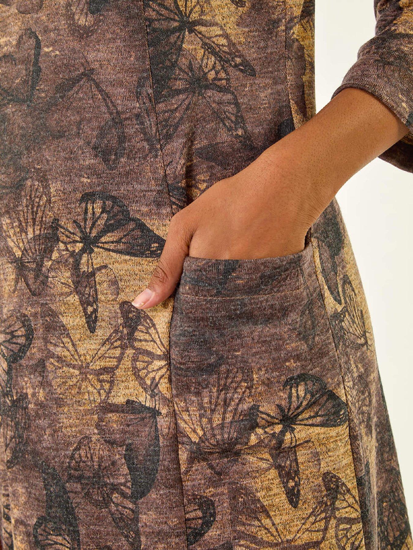  image of roman-butterfly-pocket-stretch-shift-dress-brown