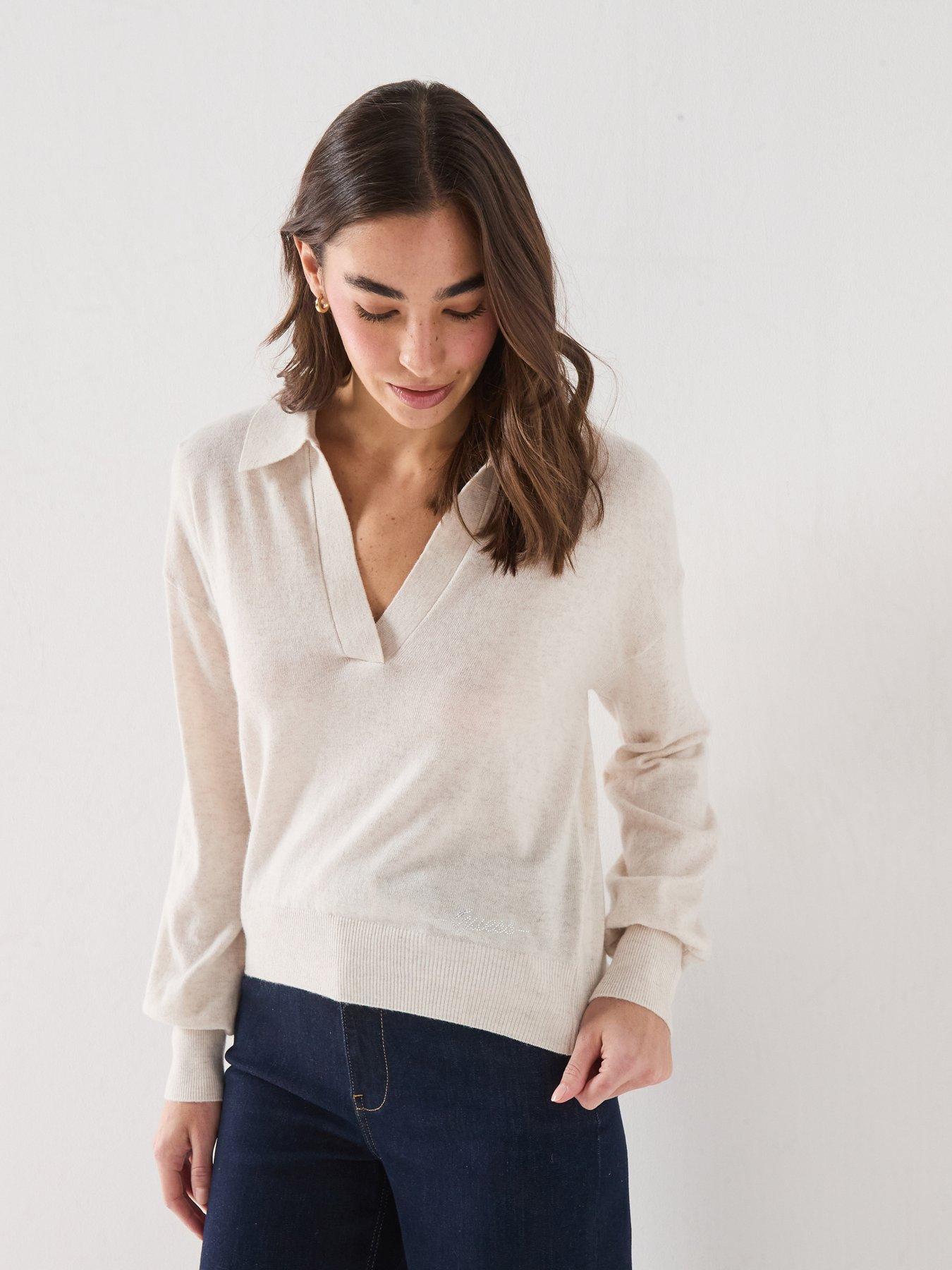 Guess Jeans Long Sleeve Polo Collar Miranda Sweater - White